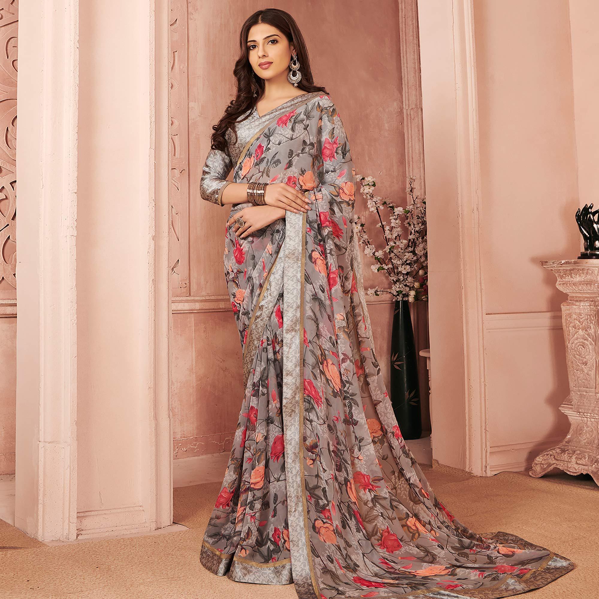 Grey Festive Wear Floral Printed Weightless Satin Lace Saree - Peachmode