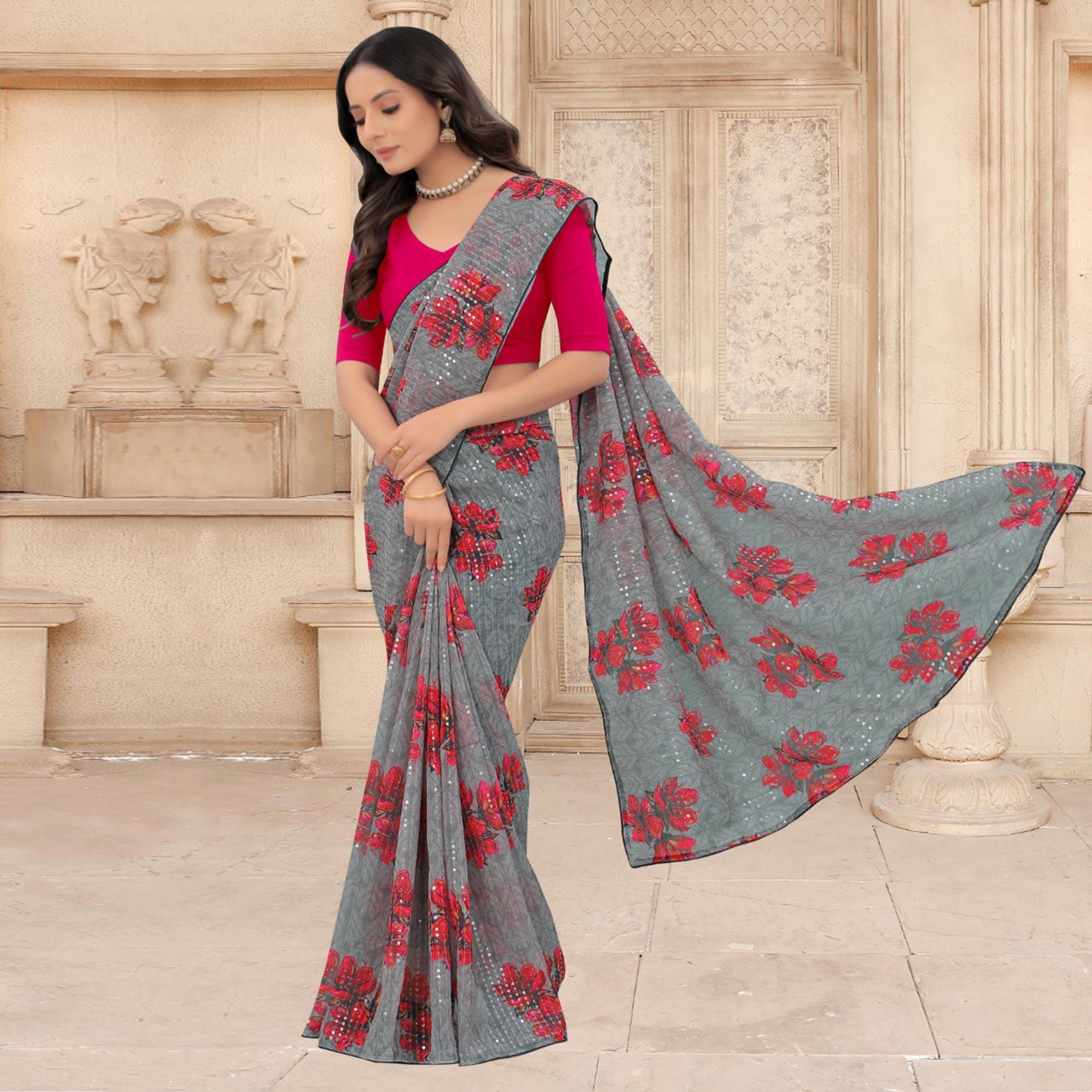 Grey Festive Wear Floral Printed With Sequence Georgette Saree - Peachmode