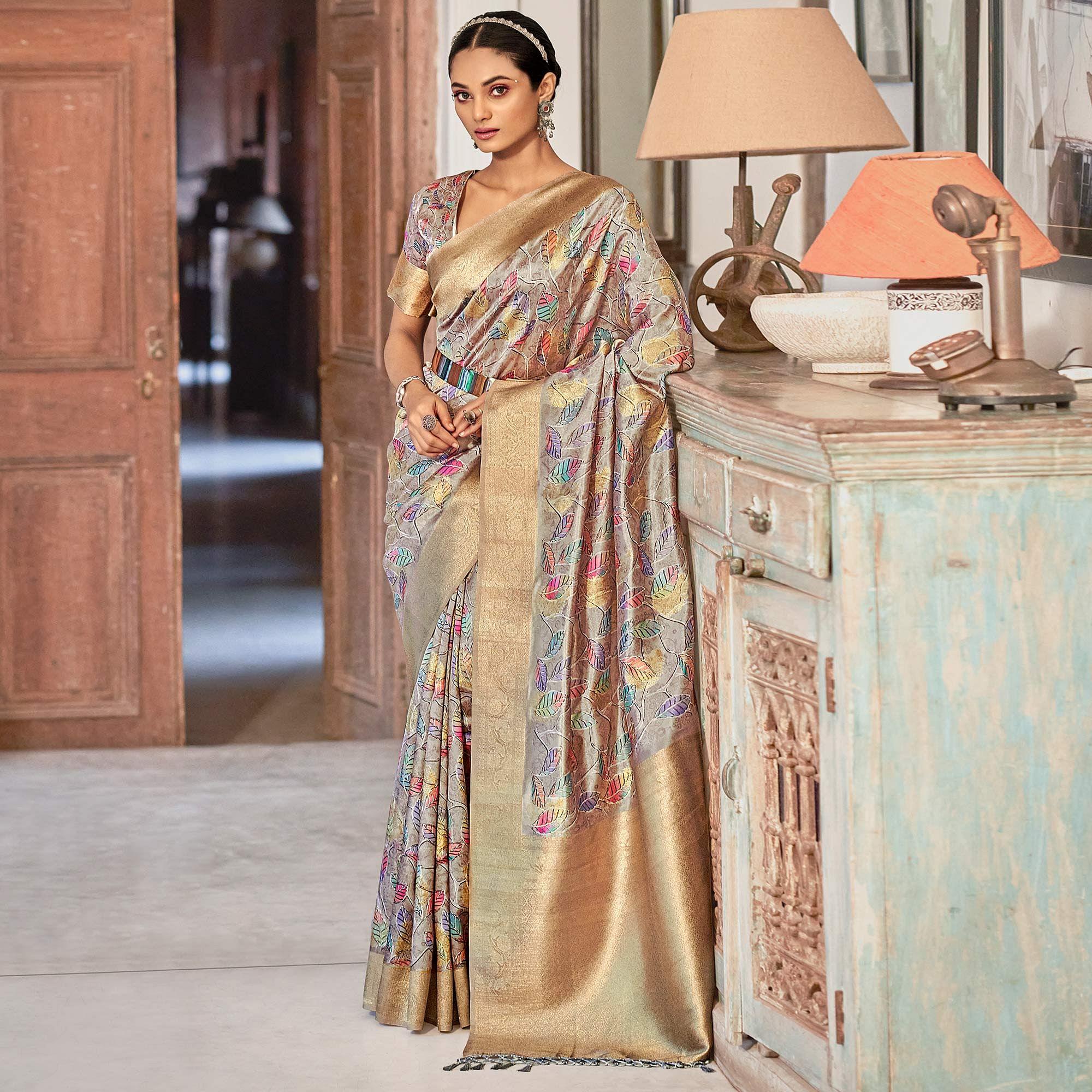 Grey Festive Wear Floral Printed With Woven With Woven Jacquard Saree - Peachmode
