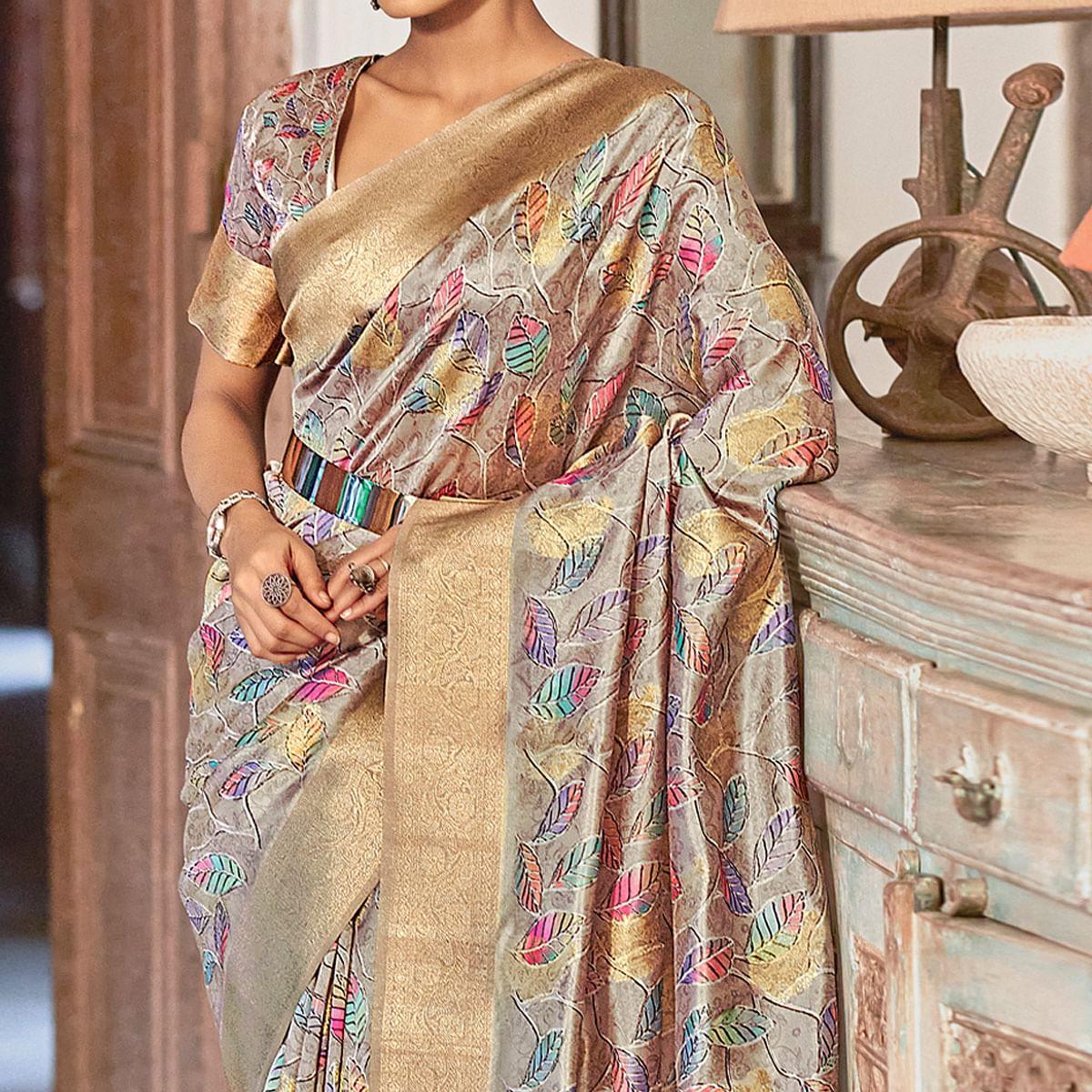 Grey Festive Wear Floral Printed With Woven With Woven Jacquard Saree - Peachmode