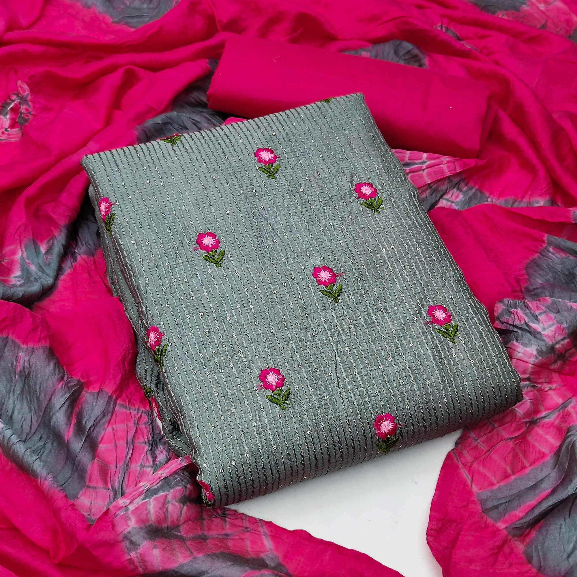 Grey Festive Wear Floral Sequence Embroidered Cotton Dress Material - Peachmode