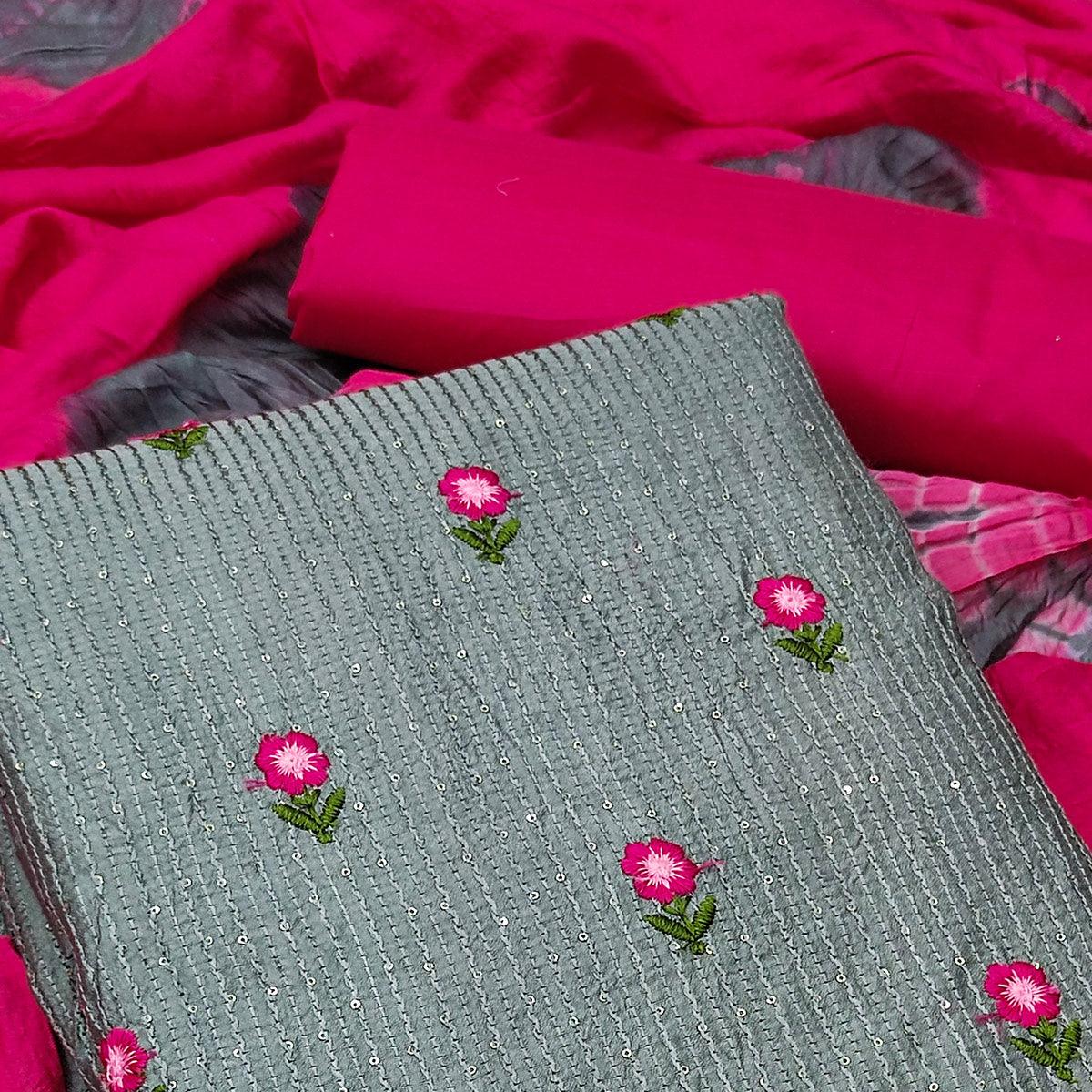 Grey Festive Wear Floral Sequence Embroidered Cotton Dress Material - Peachmode