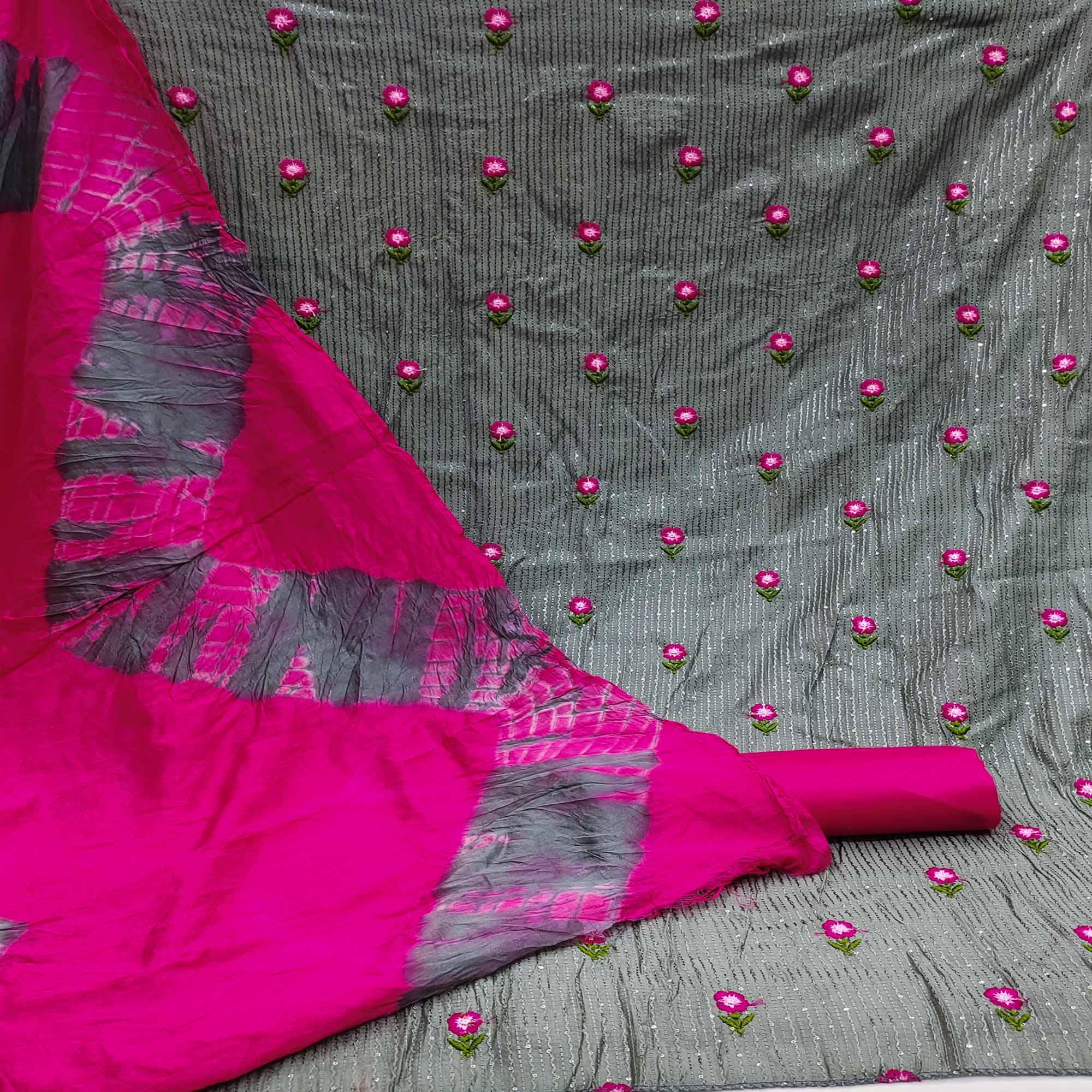 Grey Festive Wear Floral Sequence Embroidered Cotton Dress Material - Peachmode