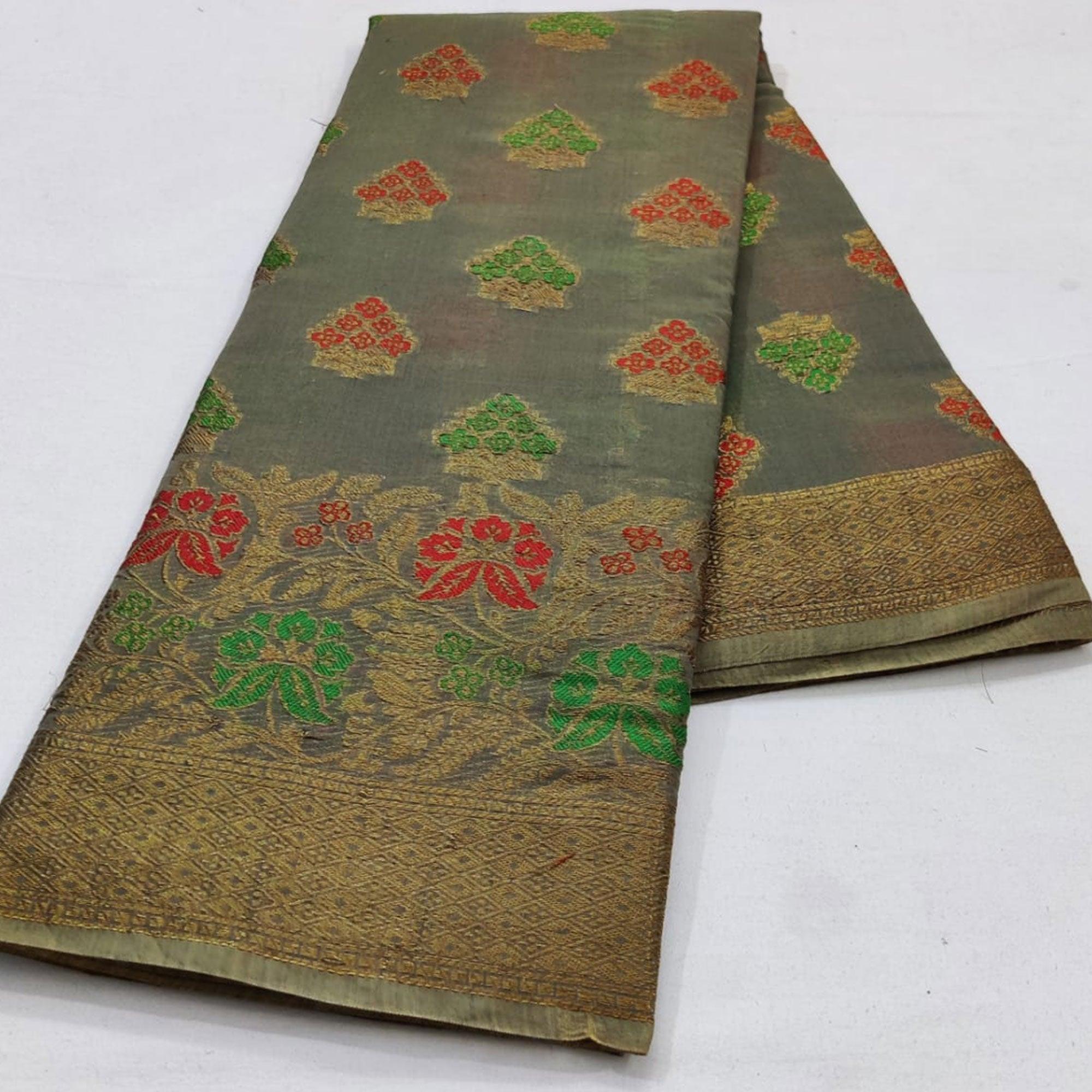 Grey Festive Wear Floral Woven Cotton Saree With Meena Butta Pallu - Peachmode
