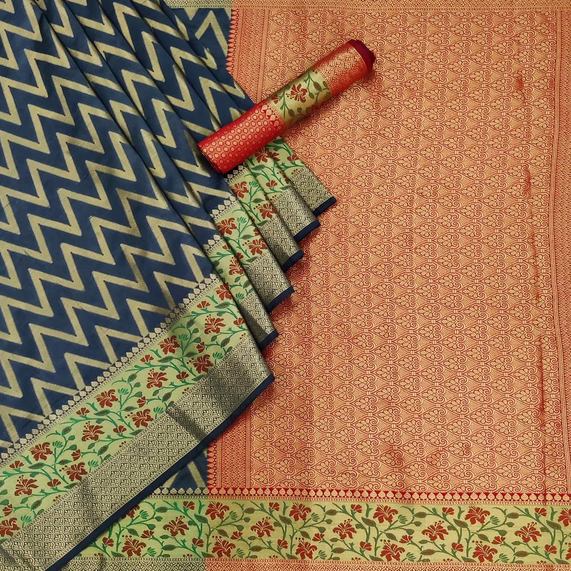 Grey Festive Wear Floral Woven Silk Saree - Peachmode