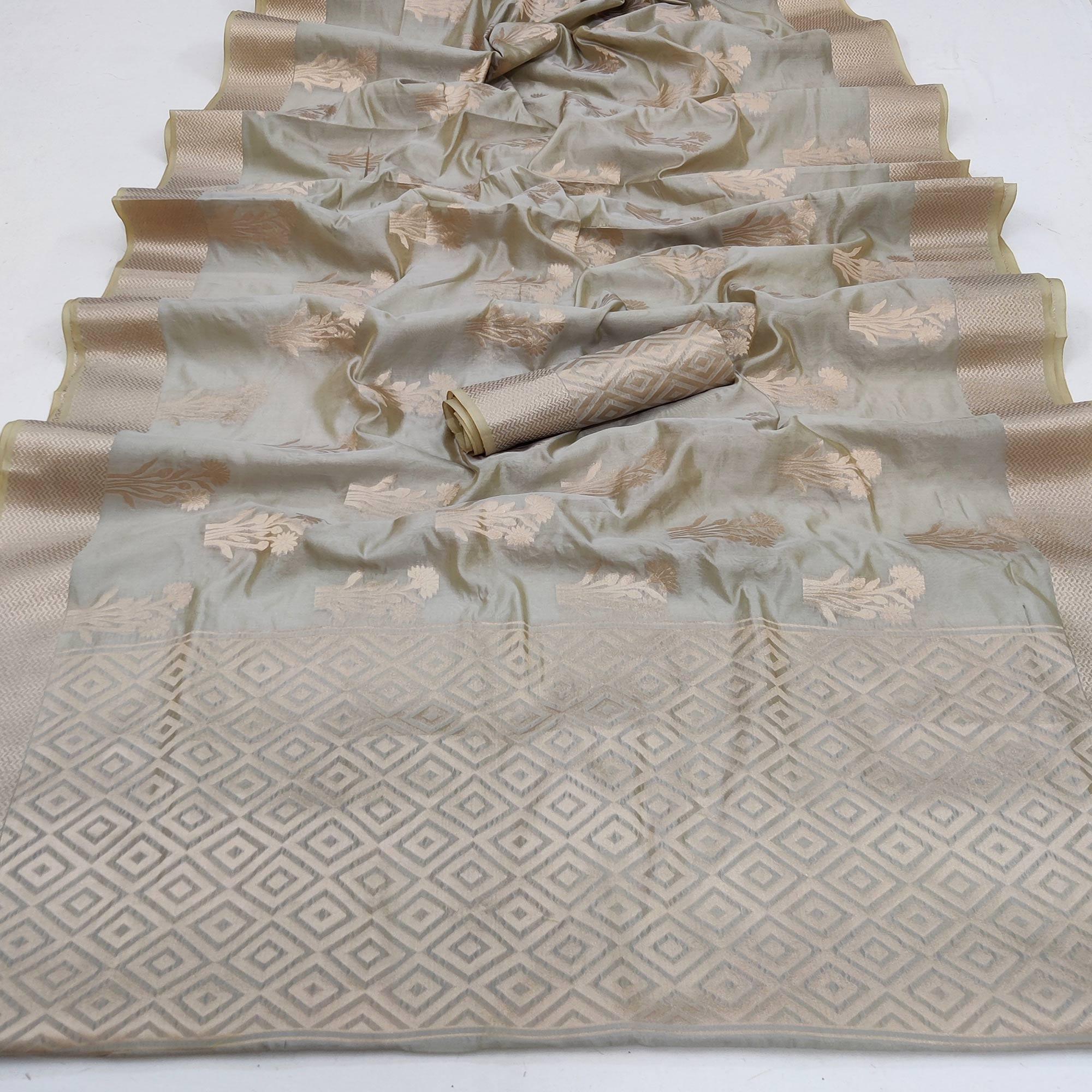 Grey Festive Wear Floral Woven Silk Saree - Peachmode
