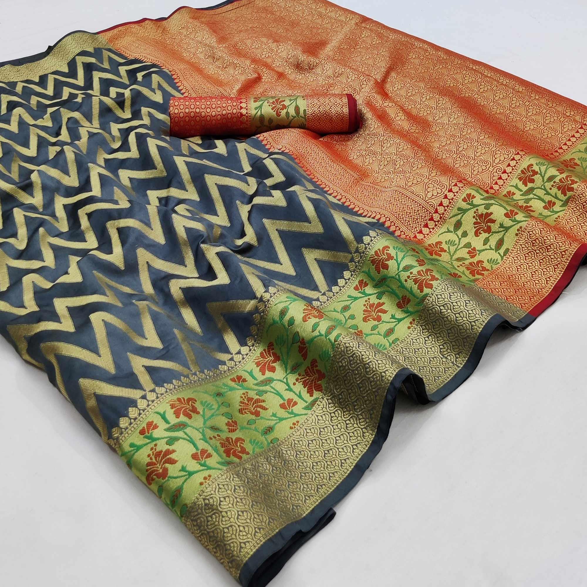 Grey Festive Wear Floral Woven Silk Saree - Peachmode
