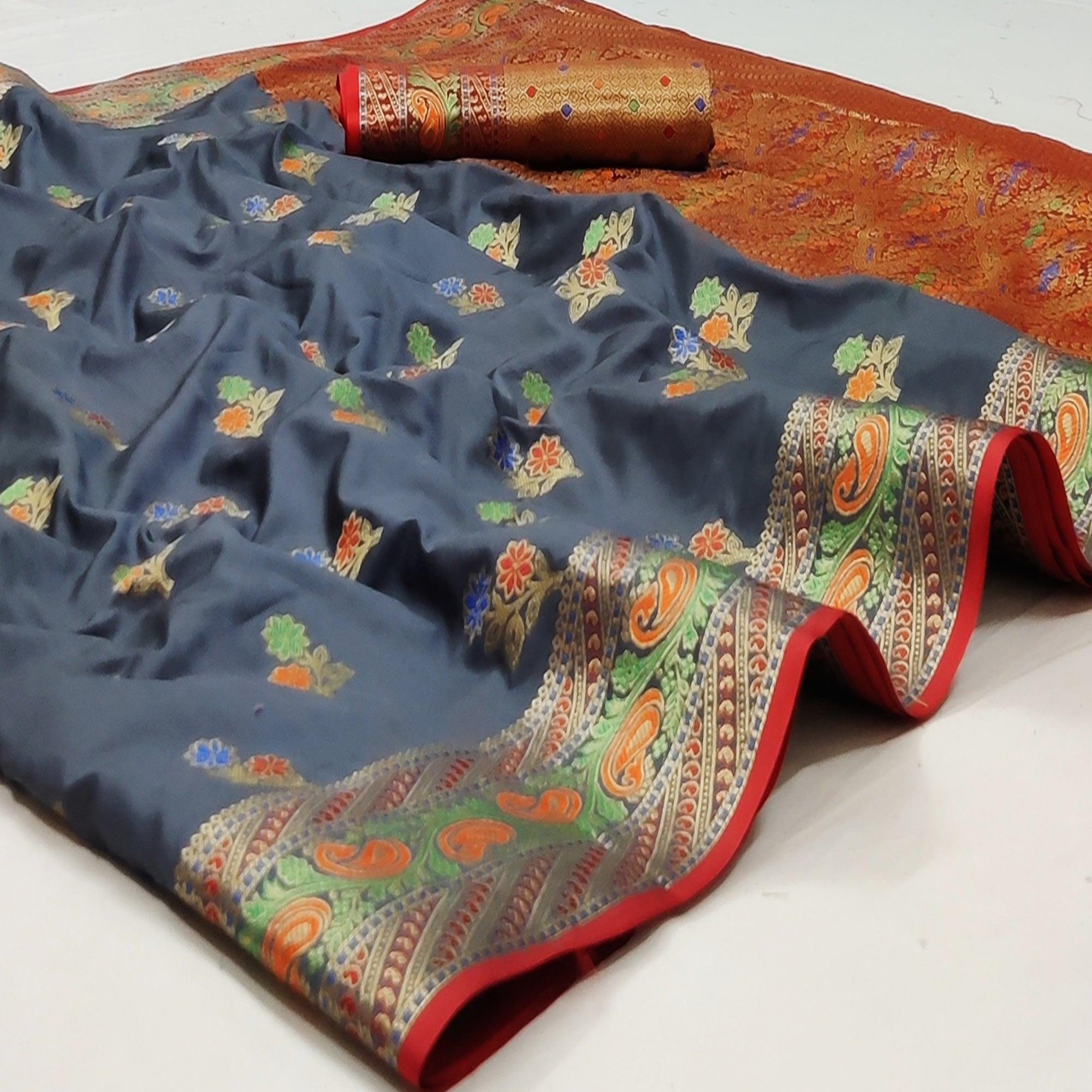 Grey Festive Wear Floral Woven Soft Silk Saree With Jacquard Border - Peachmode