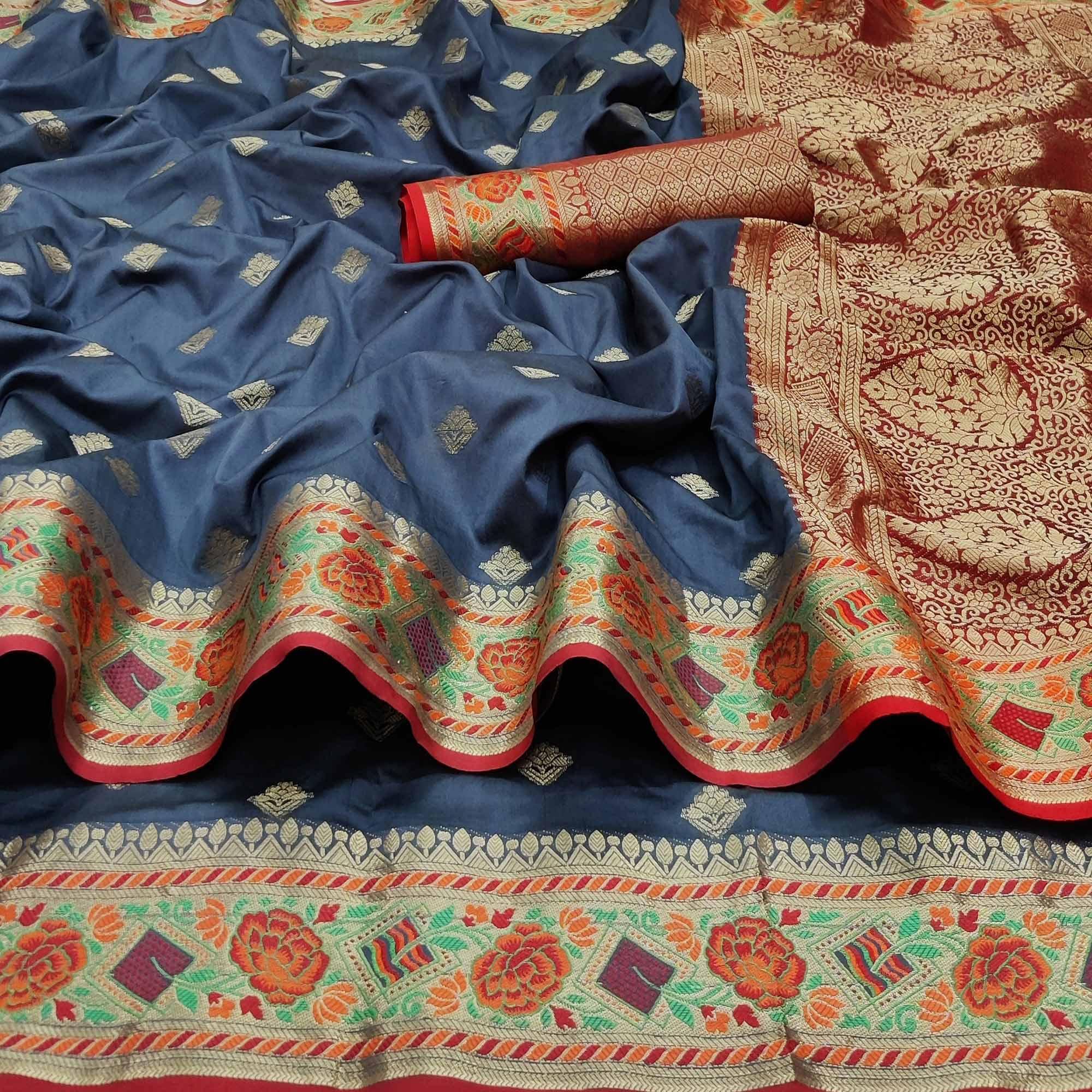 Grey Festive Wear Floral Woven Soft Silk Saree With Jacquard Border - Peachmode