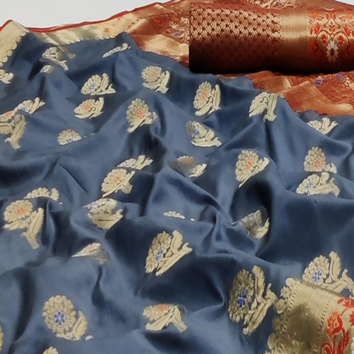 Grey Festive Wear Floral Woven Soft Silk Saree With Jacquard Border - Peachmode