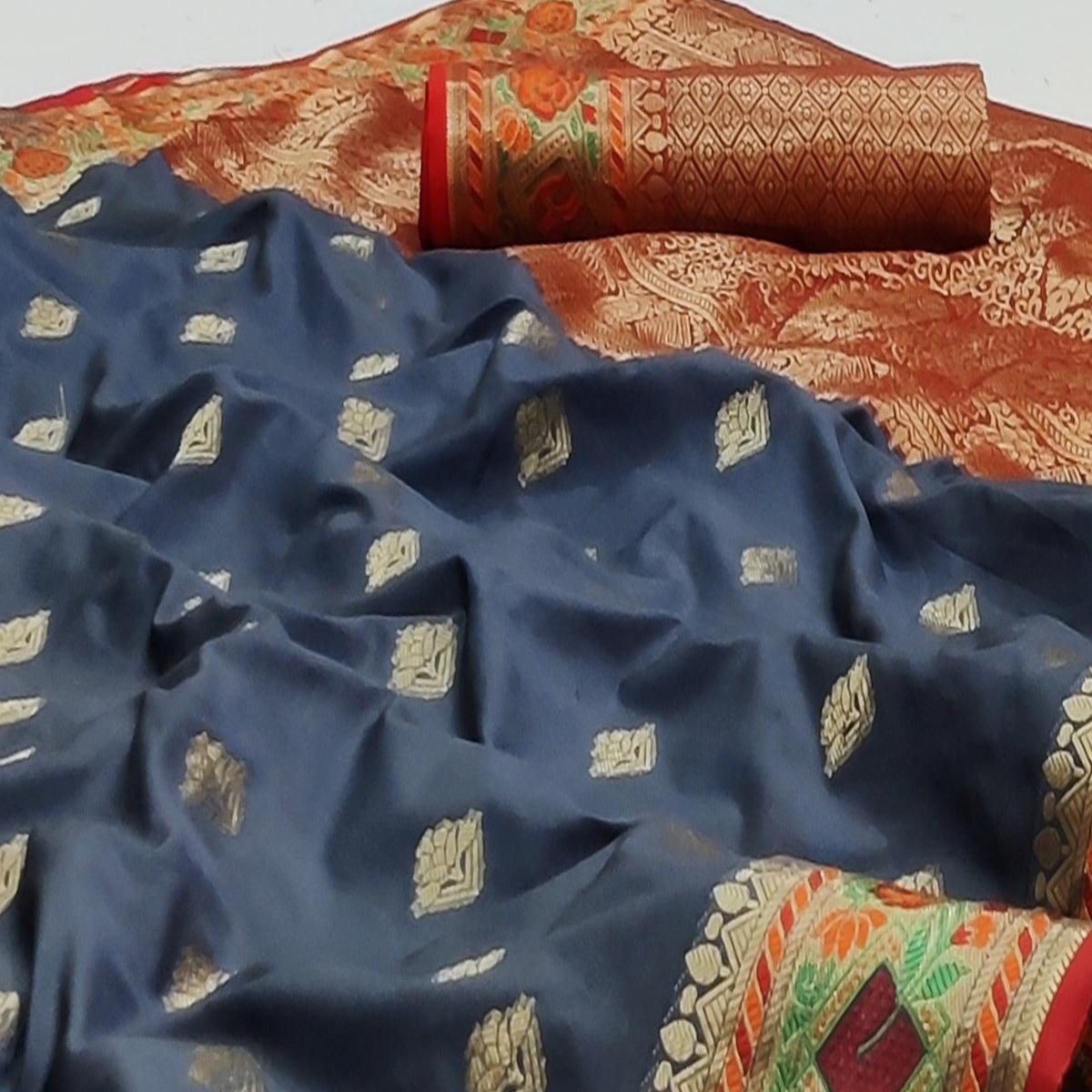 Grey Festive Wear Floral Woven Soft Silk Saree With Jacquard Border - Peachmode