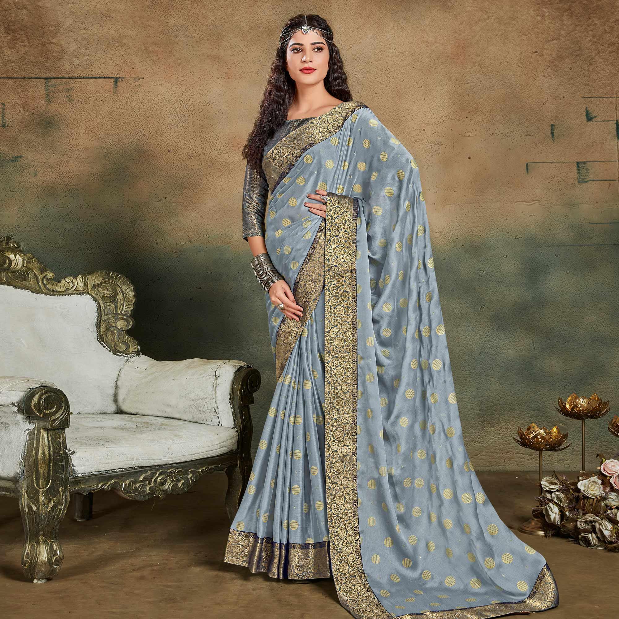 Grey Festive Wear Foil Work Chiffon Saree With Banarasi Border - Peachmode