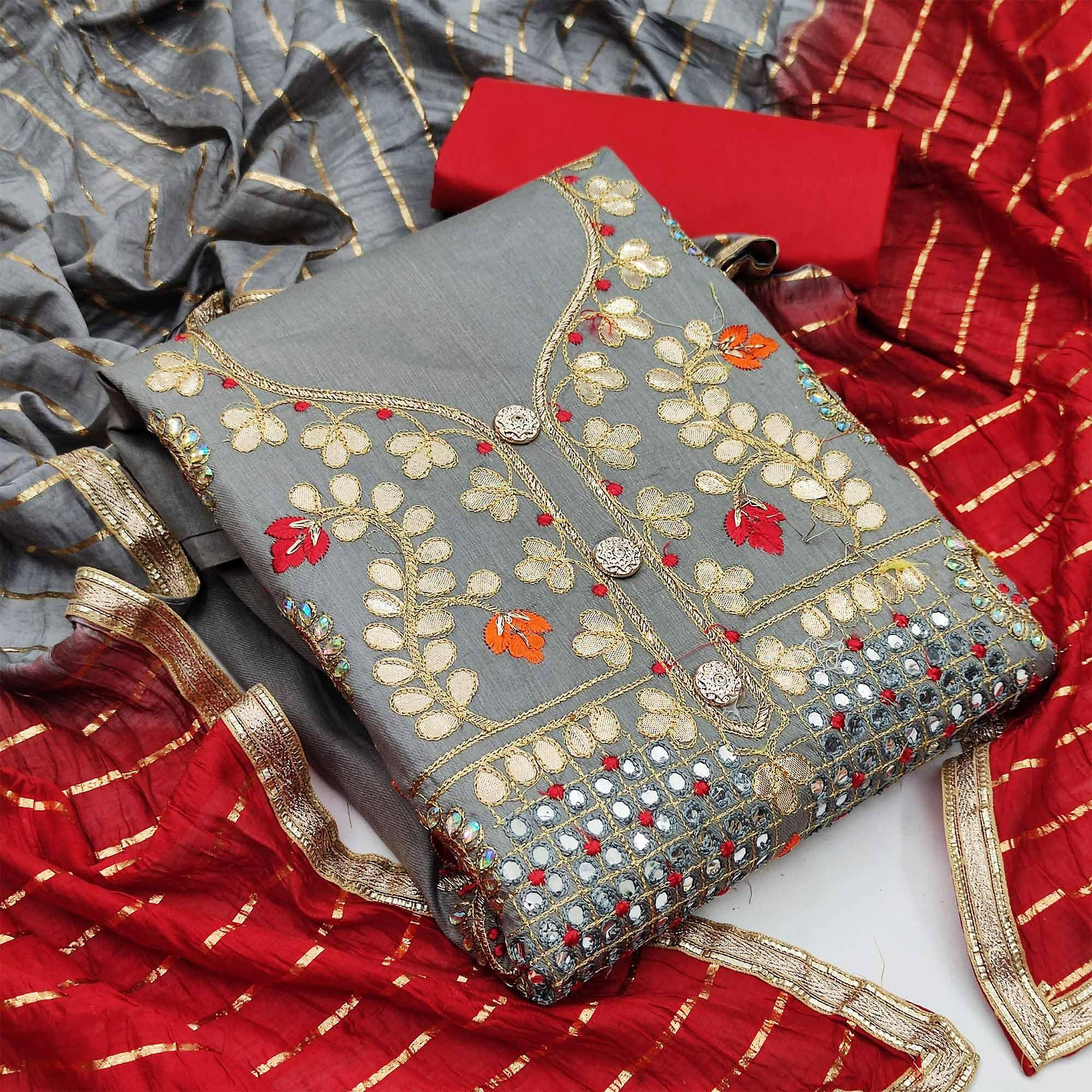 Grey Festive Wear Gotta Plus Handwork Cotton Dress Material - Peachmode