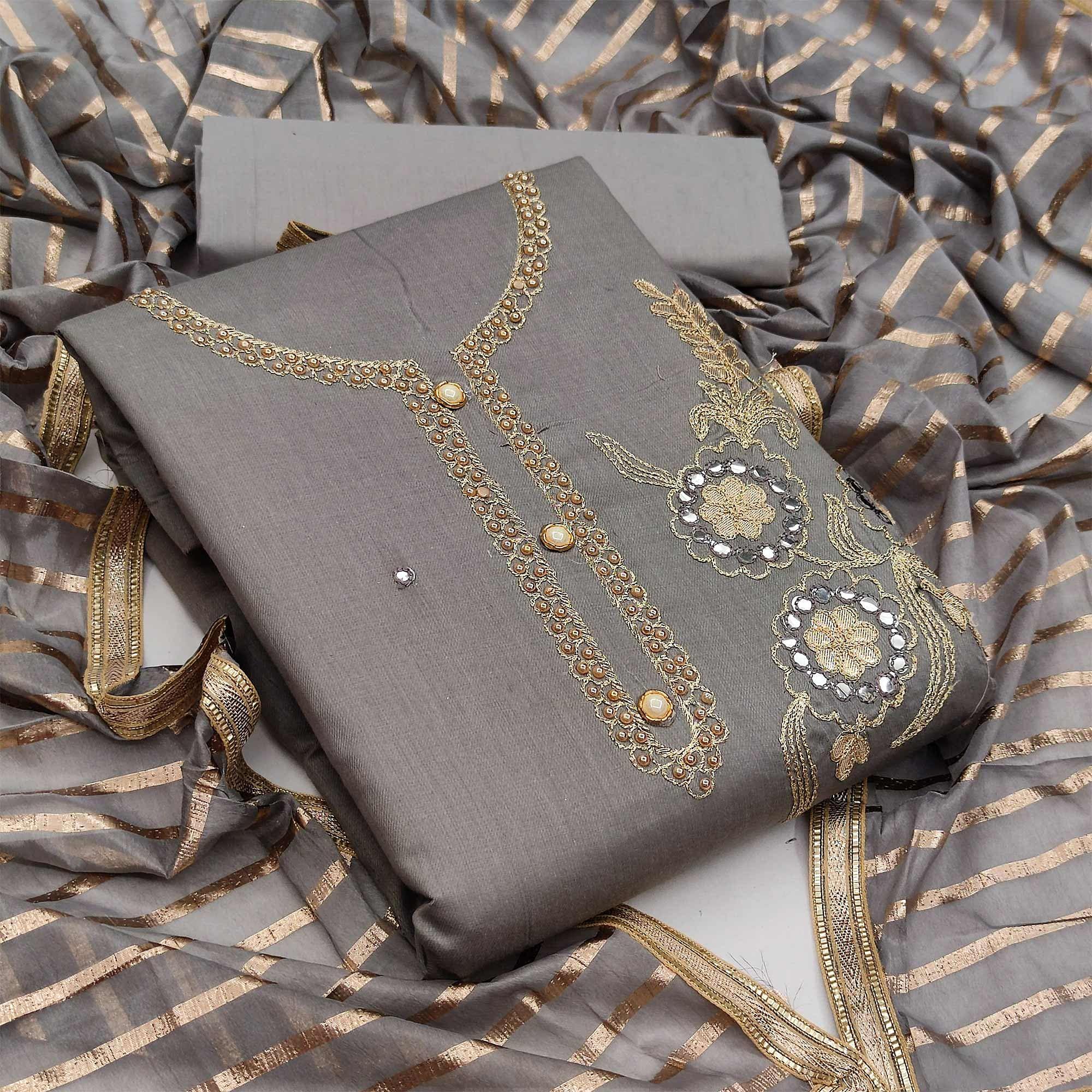 Grey Festive Wear Gotta Plus Handwork Cotton Dress Material - Peachmode