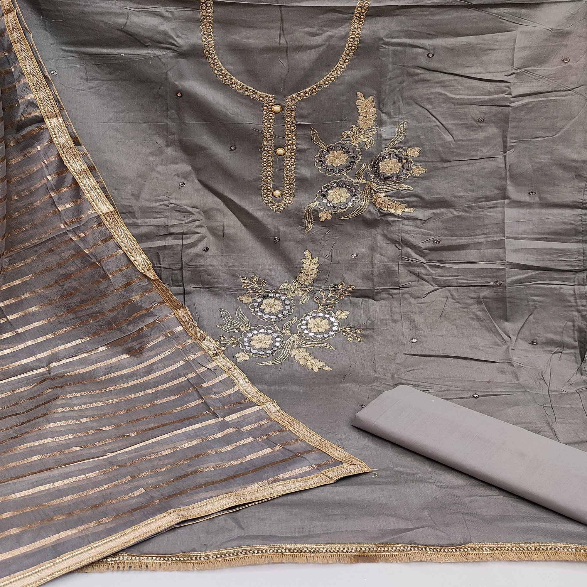 Grey Festive Wear Gotta Plus Handwork Cotton Dress Material - Peachmode