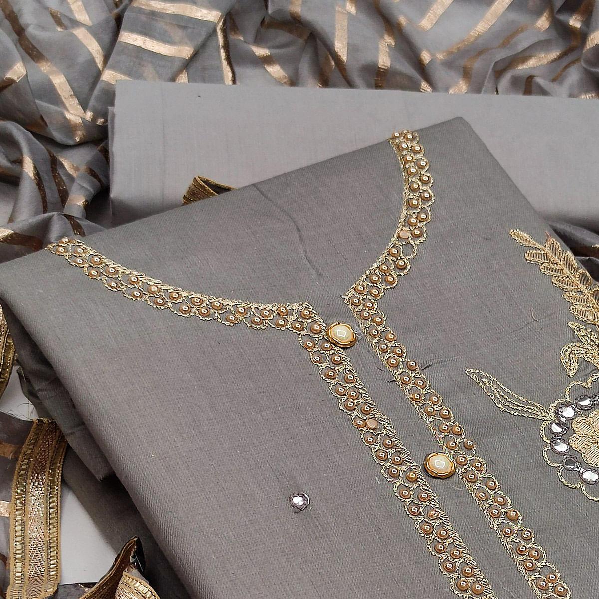 Grey Festive Wear Gotta Plus Handwork Cotton Dress Material - Peachmode