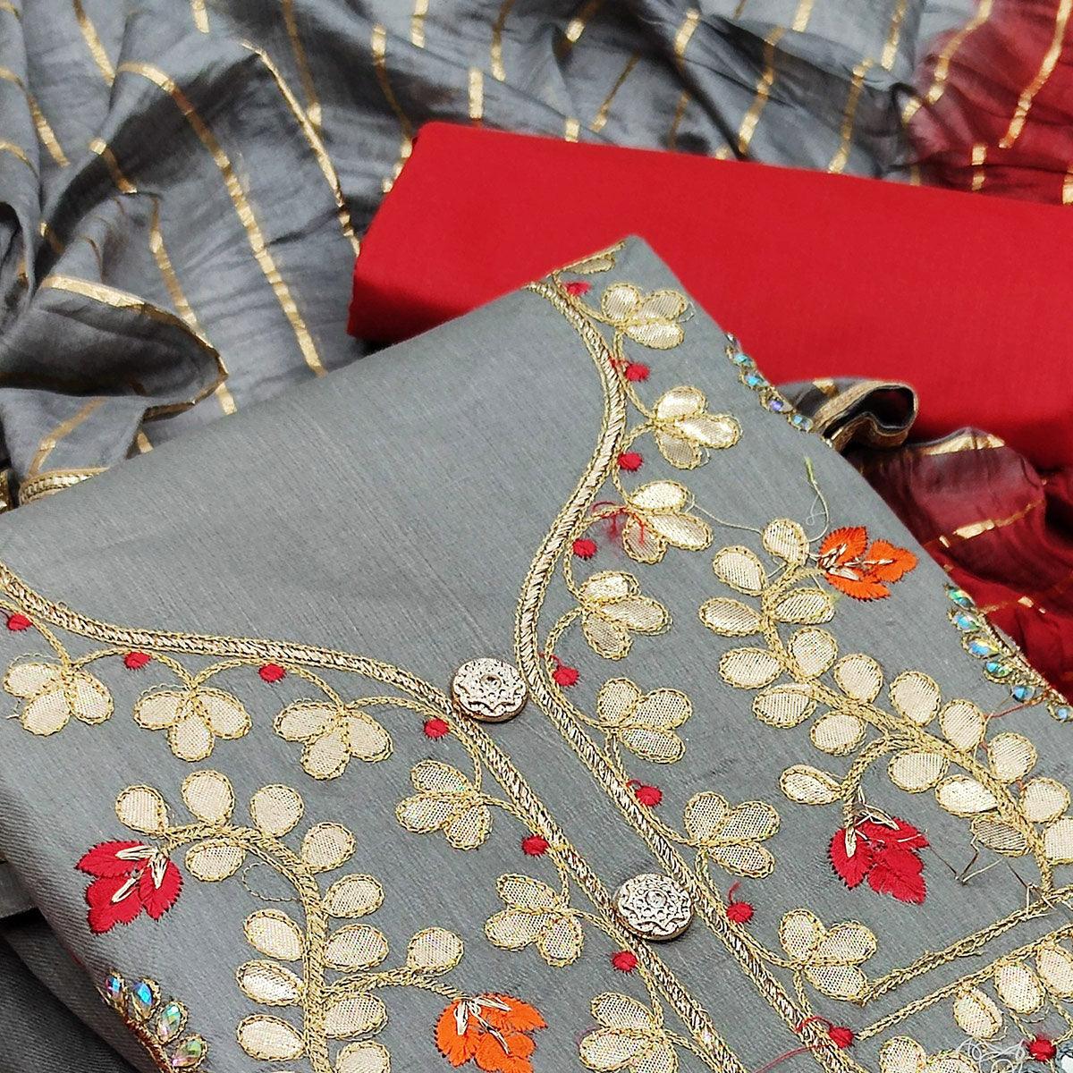 Grey Festive Wear Gotta Plus Handwork Cotton Dress Material - Peachmode