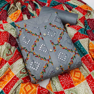 Grey Festive Wear Heavy Embroidered & Mirror Work Cotton Dress Material - Peachmode