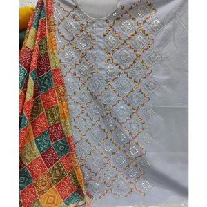Grey Festive Wear Heavy Embroidered & Mirror Work Cotton Dress Material - Peachmode