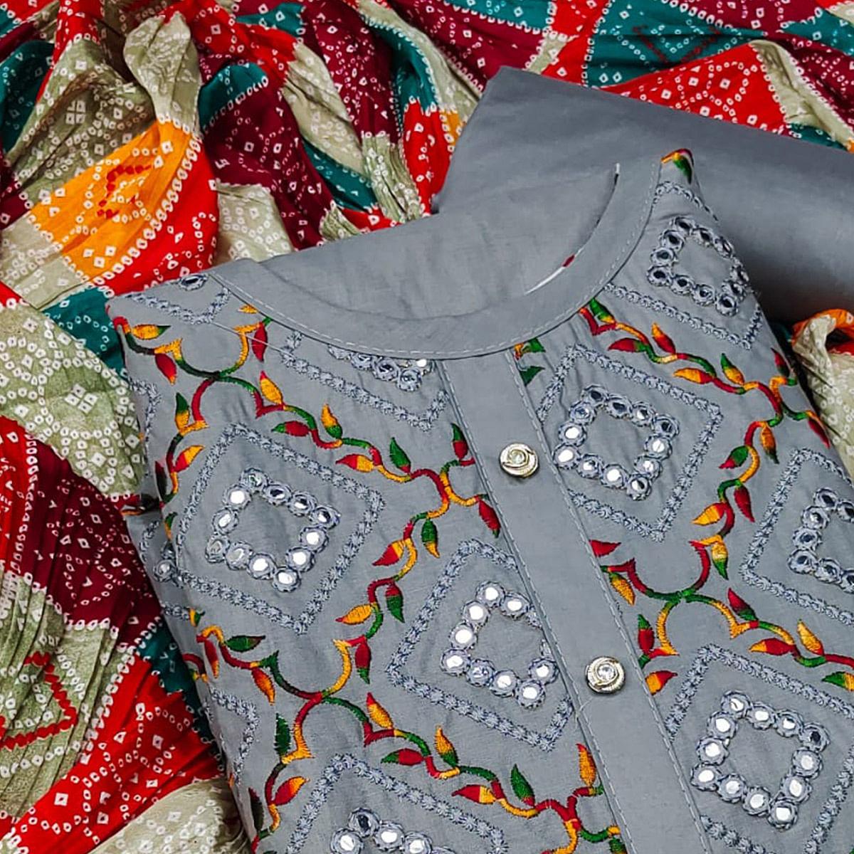 Grey Festive Wear Heavy Embroidered & Mirror Work Cotton Dress Material - Peachmode