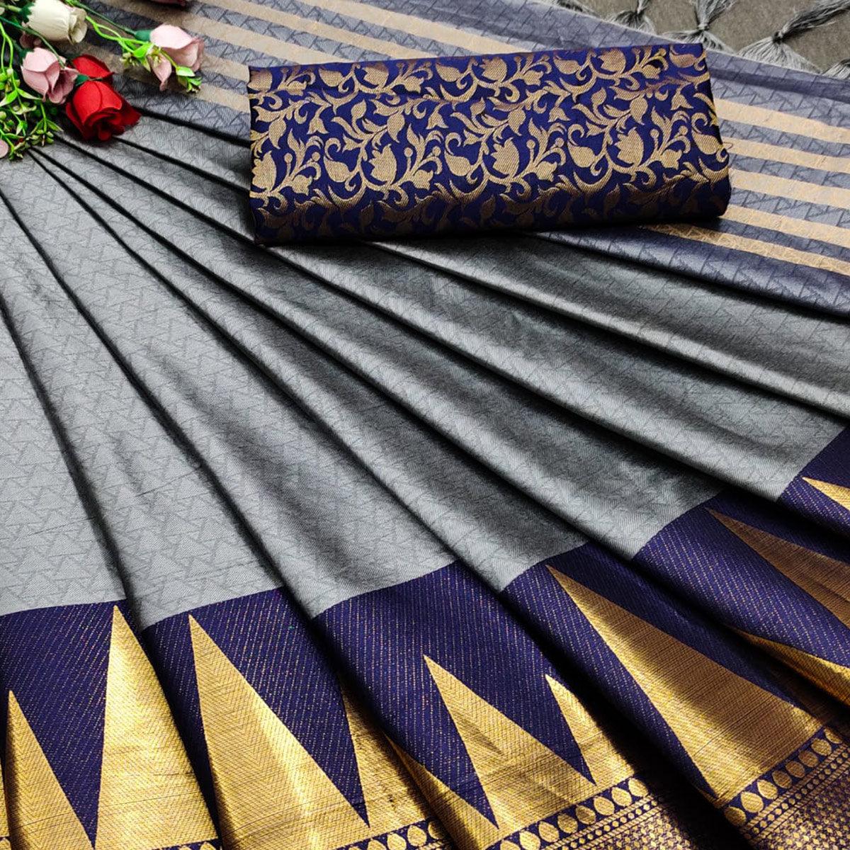 Grey Festive Wear Jacquard Woven Border Heavy Cotton Silk Saree - Peachmode