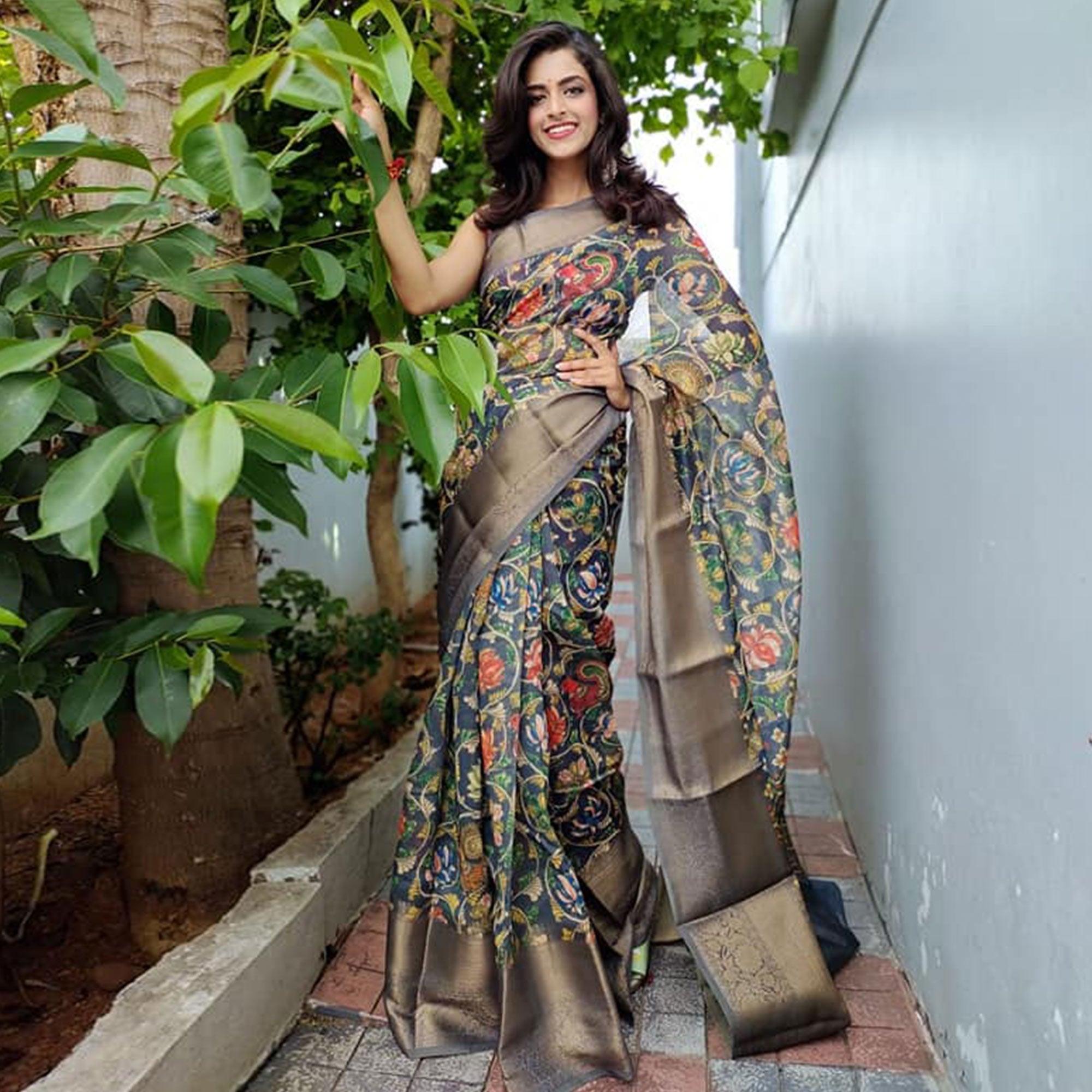 Grey Festive Wear Kalamkari Printed Chanderi Silk Saree With Zari Weaving Border - Peachmode