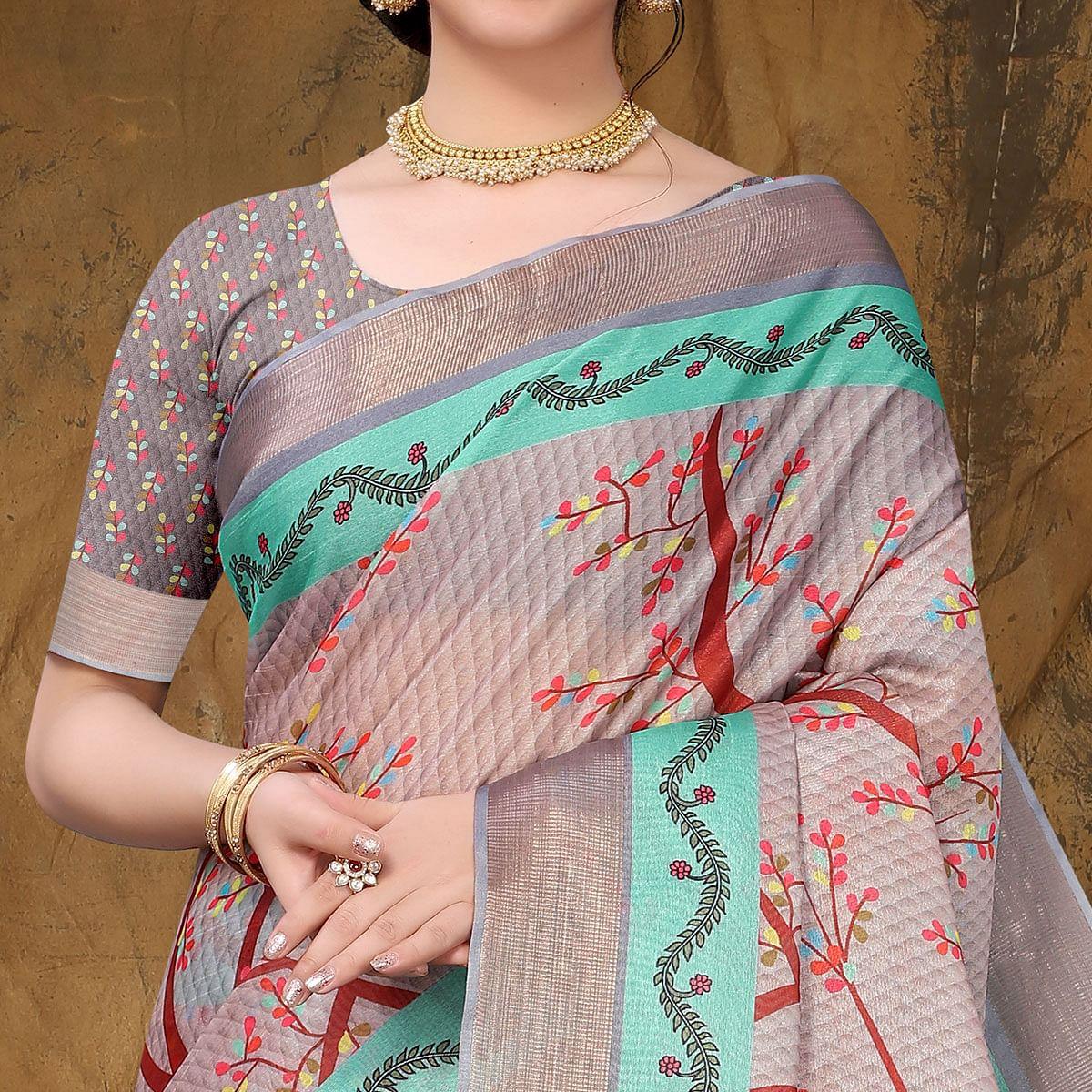 Grey Festive Wear Printed Art Silk Saree - Peachmode