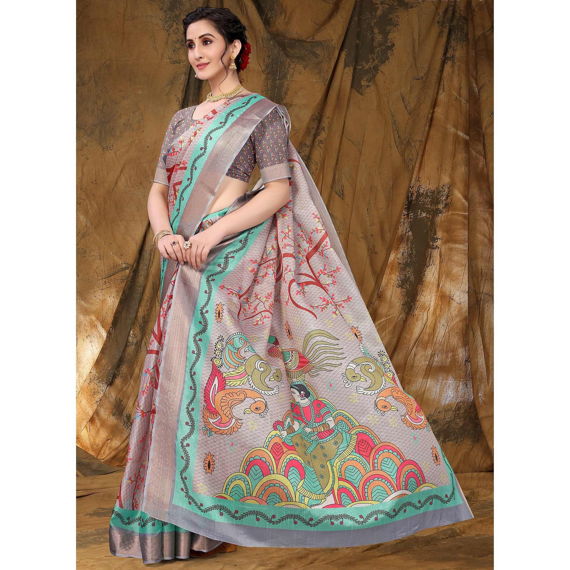 Grey Festive Wear Printed Art Silk Saree - Peachmode