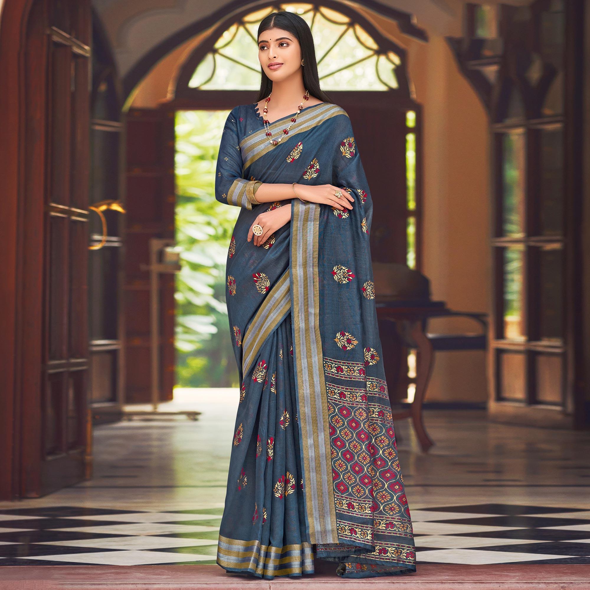 Grey Festive Wear Printed Chanderi Silk Saree - Peachmode
