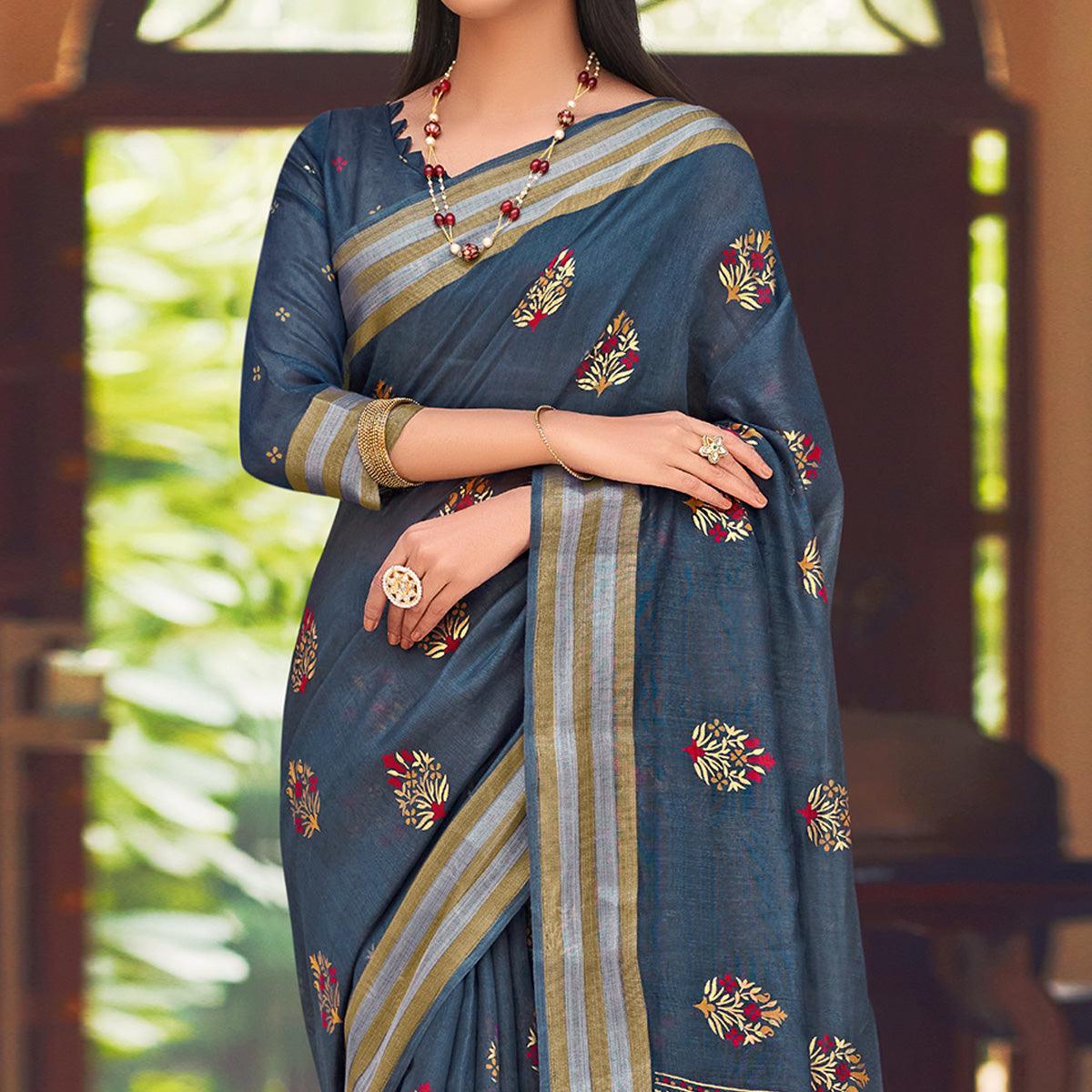 Grey Festive Wear Printed Chanderi Silk Saree - Peachmode