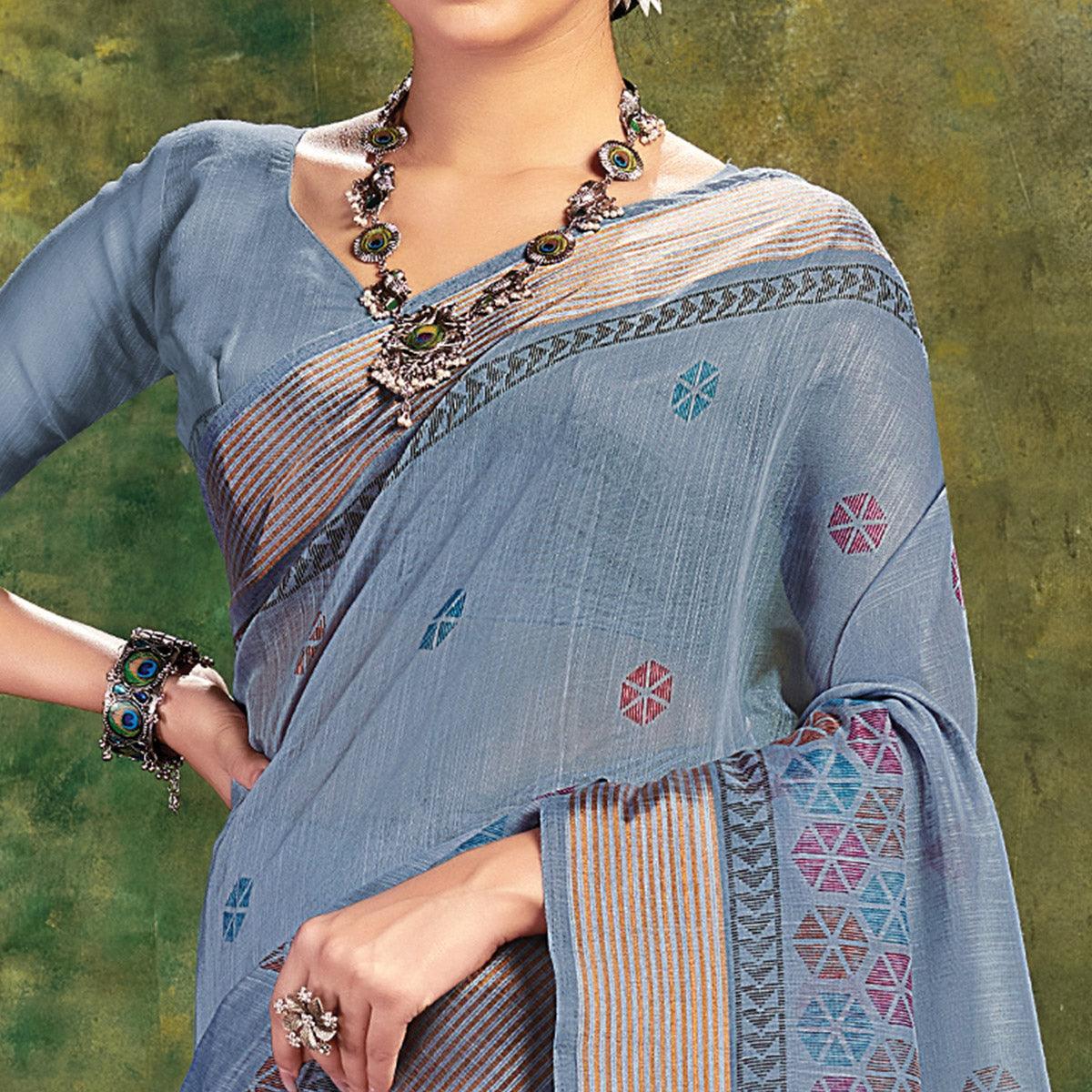 Grey Festive Wear Printed Cotton Saree - Peachmode