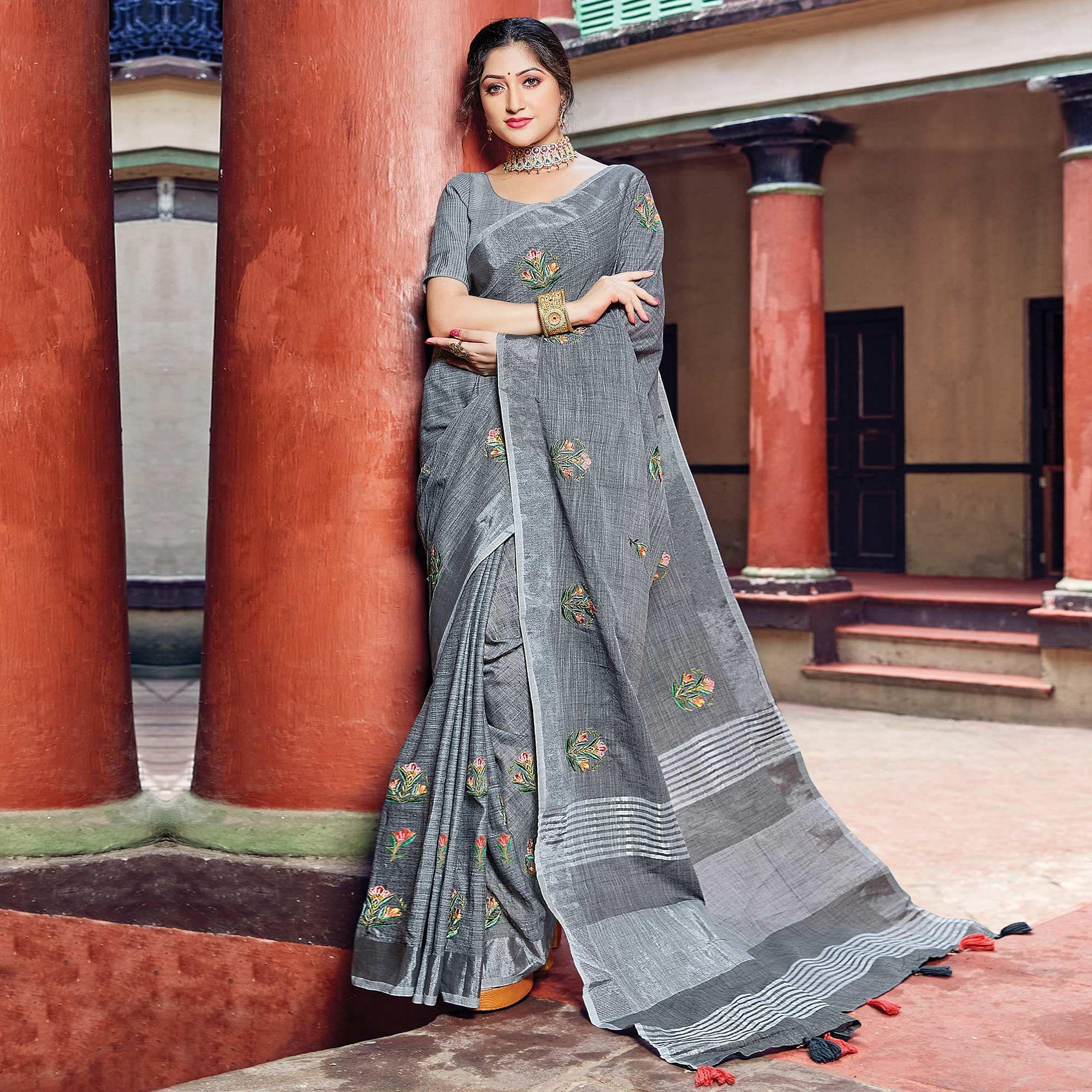 Grey Festive Wear Printed Linen Saree - Peachmode