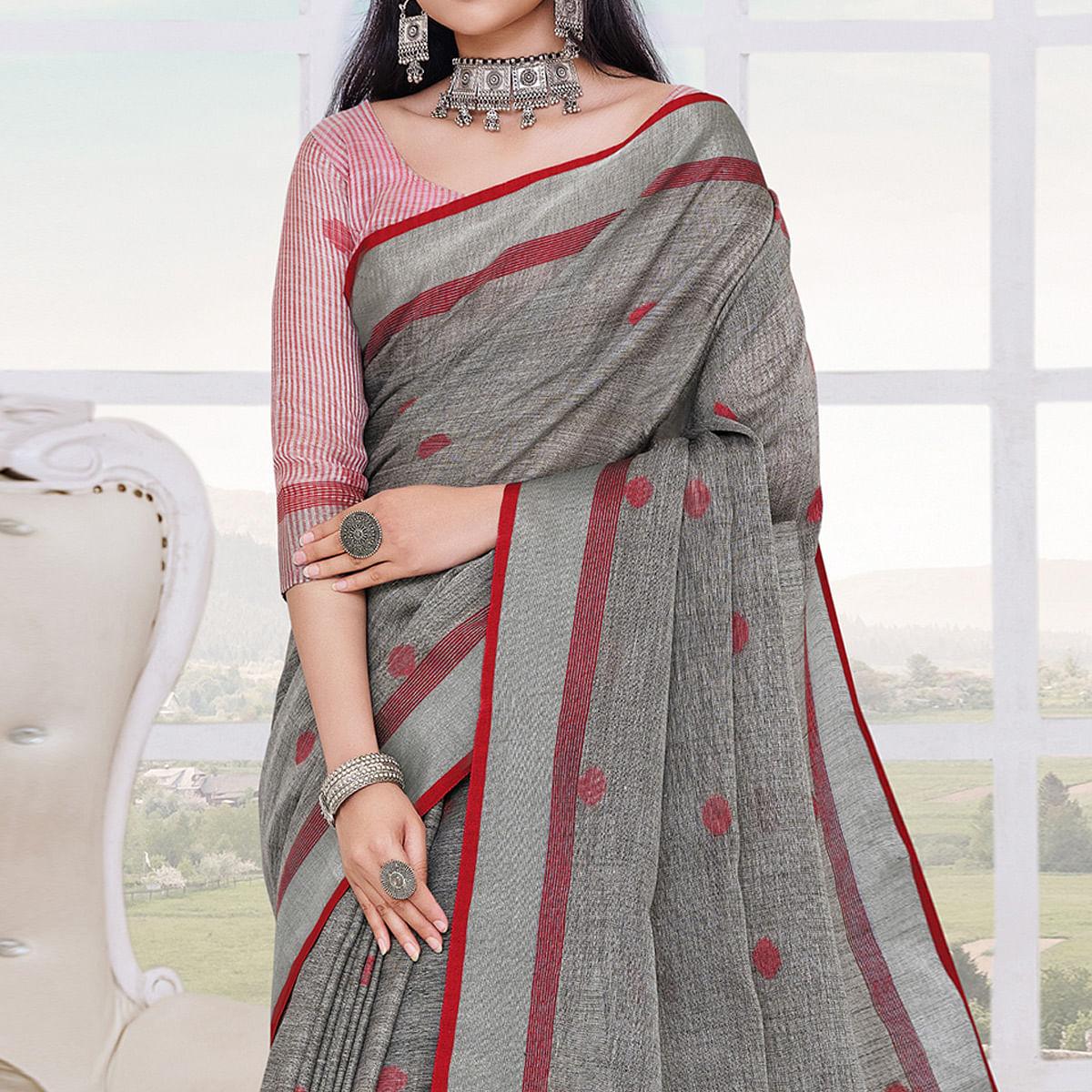 Grey Festive Wear Printed Linen Saree - Peachmode