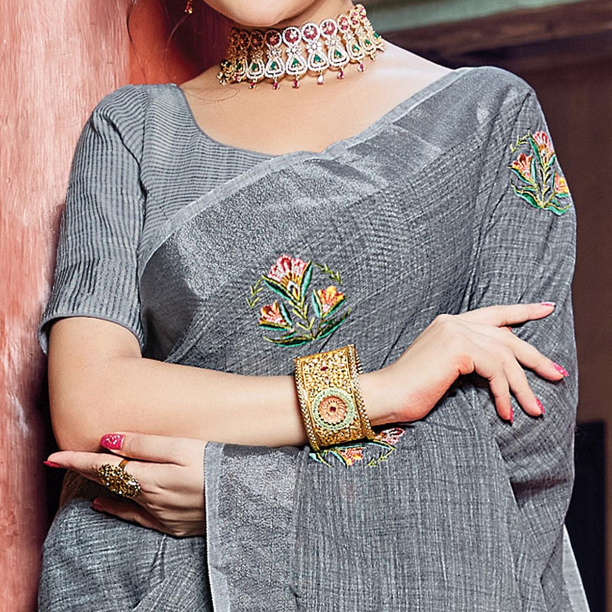 Grey Festive Wear Printed Linen Saree - Peachmode