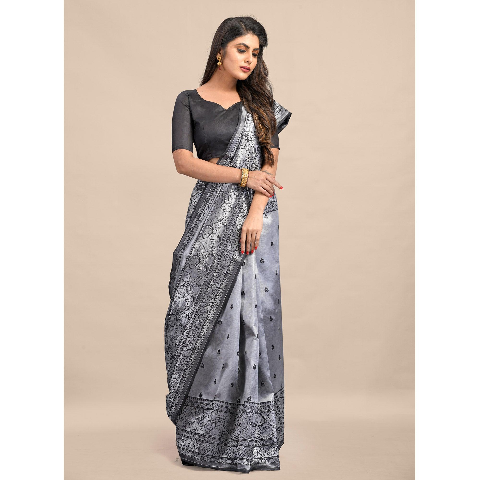 Grey Festive Wear Rich Woven Border Soft Banarasi Silk Saree - Peachmode