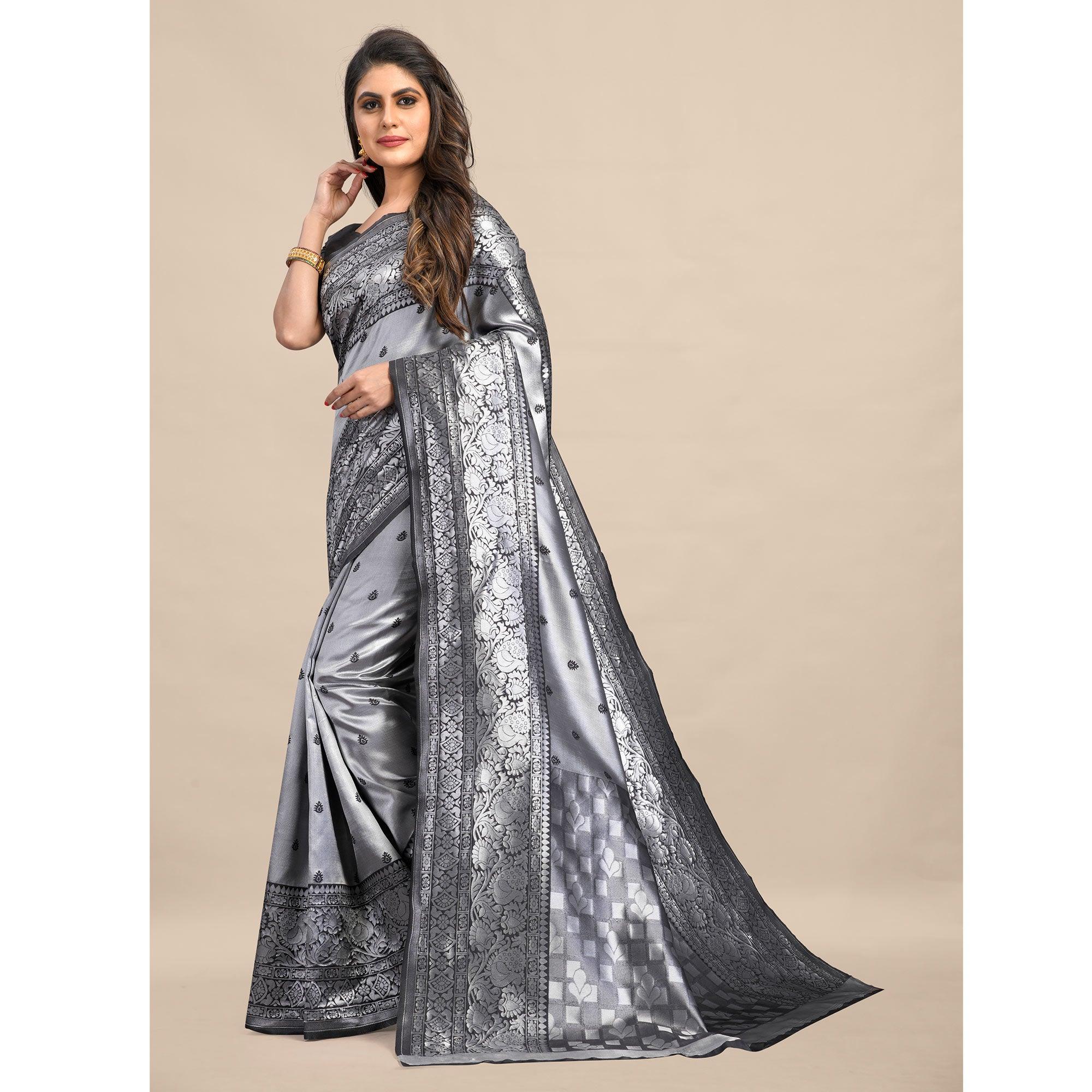 Grey Festive Wear Rich Woven Border Soft Banarasi Silk Saree - Peachmode