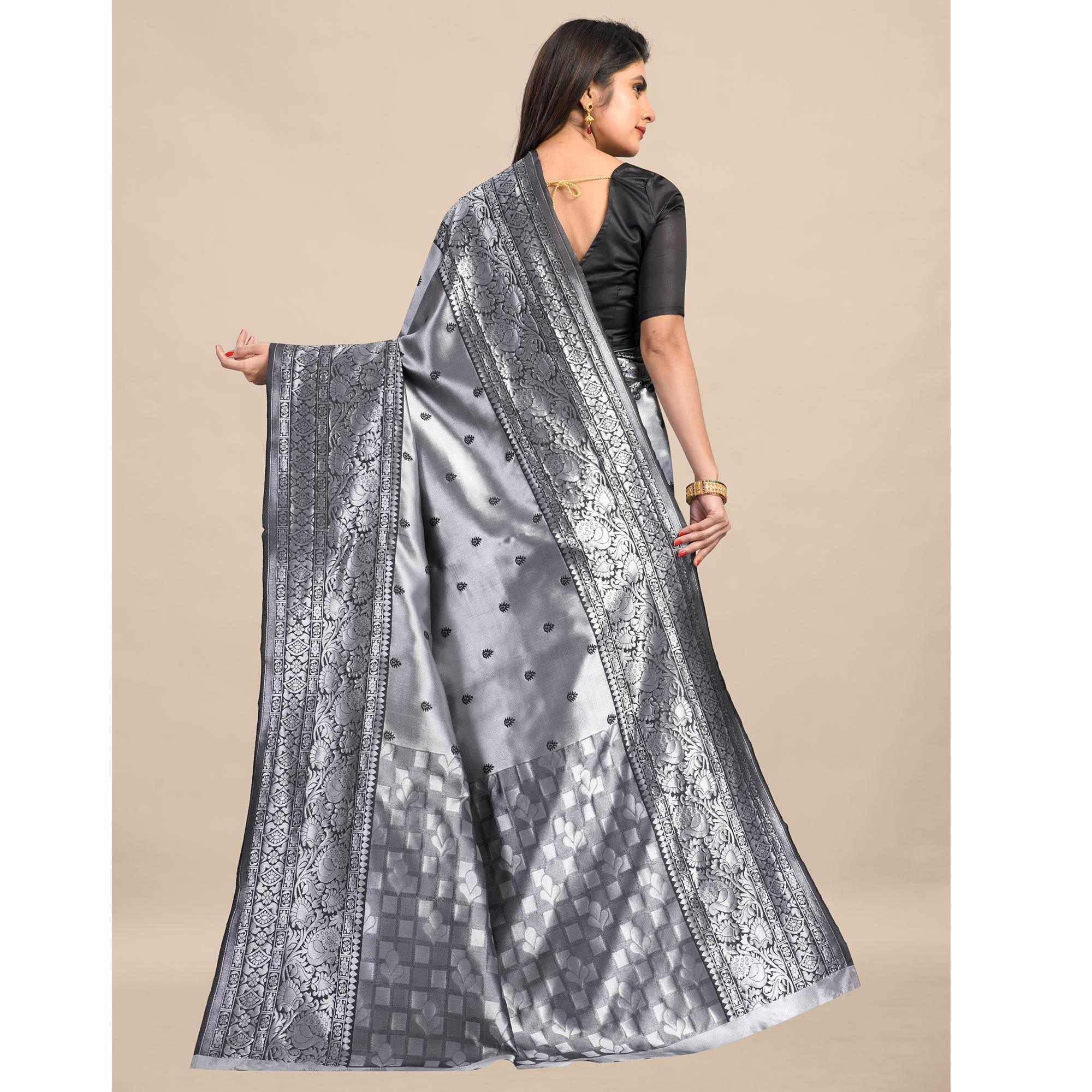 Grey Festive Wear Rich Woven Border Soft Banarasi Silk Saree - Peachmode