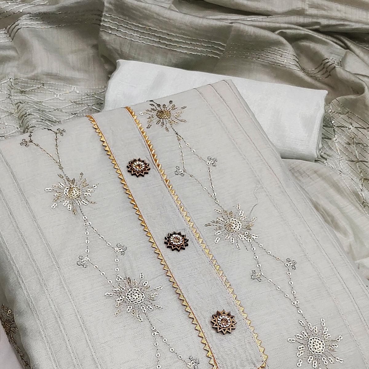Grey Festive Wear Sequecne Embroidery Modal Dress Material - Peachmode