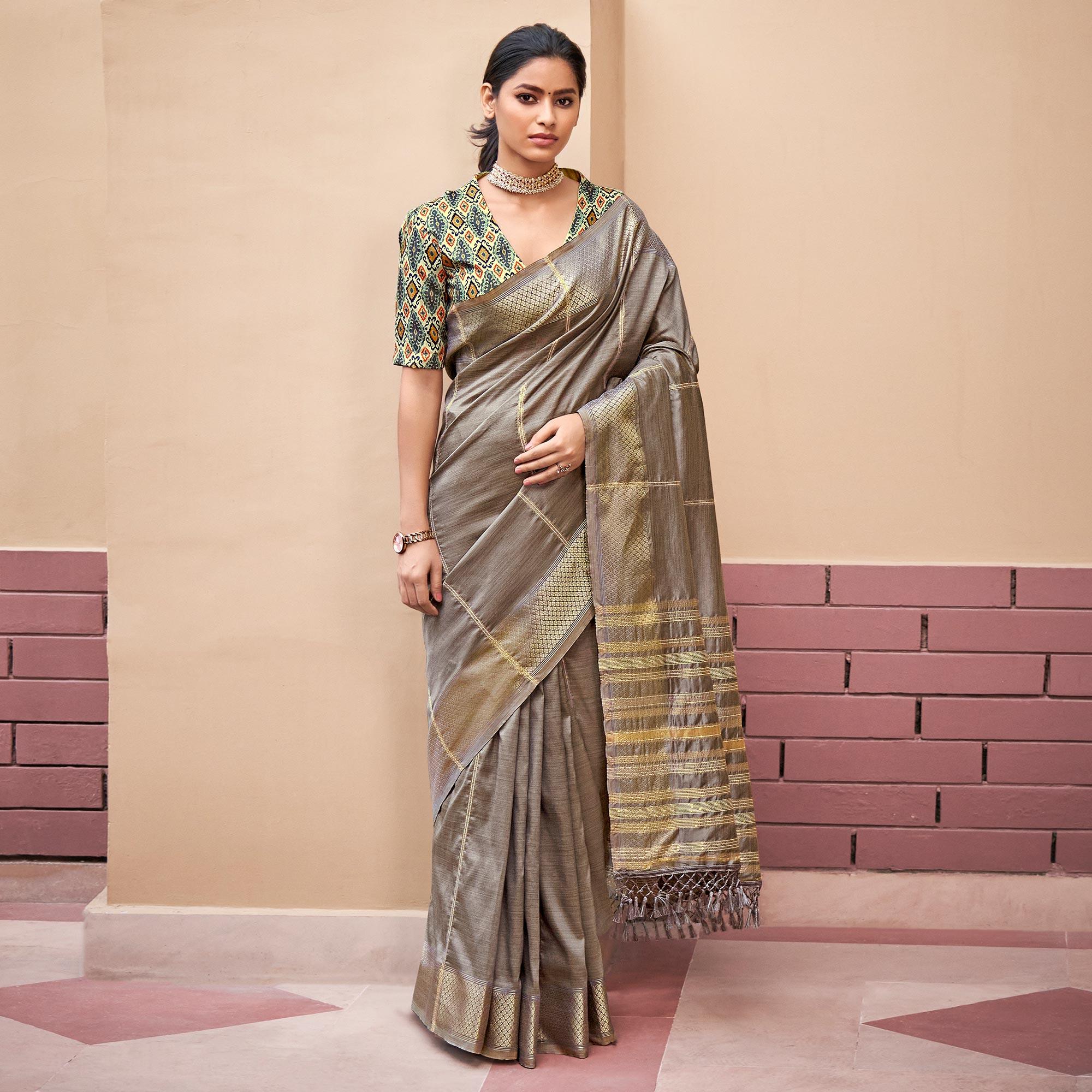 Grey Festive Wear Sequence Digital Work Silk Saree - Peachmode