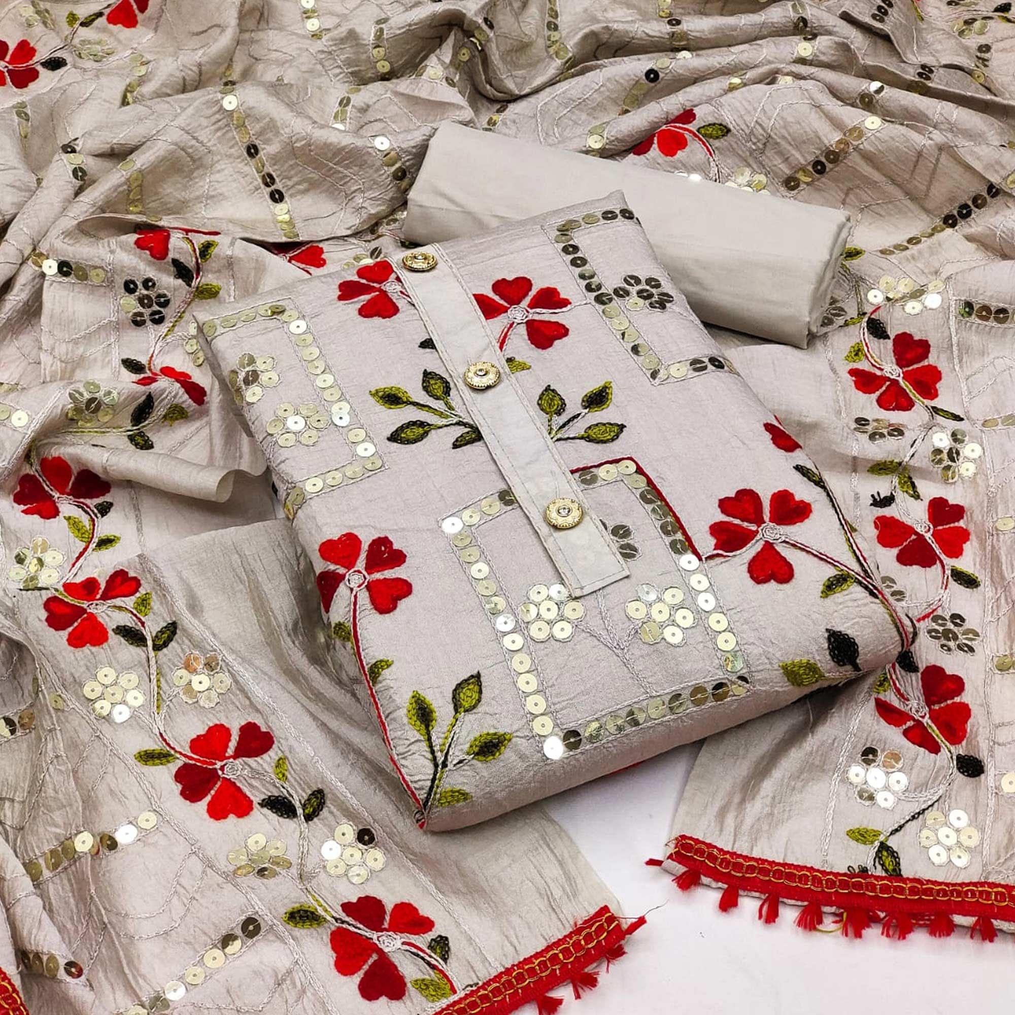 Grey Festive Wear Sequence Embroidered Chanderi Dress Material - Peachmode