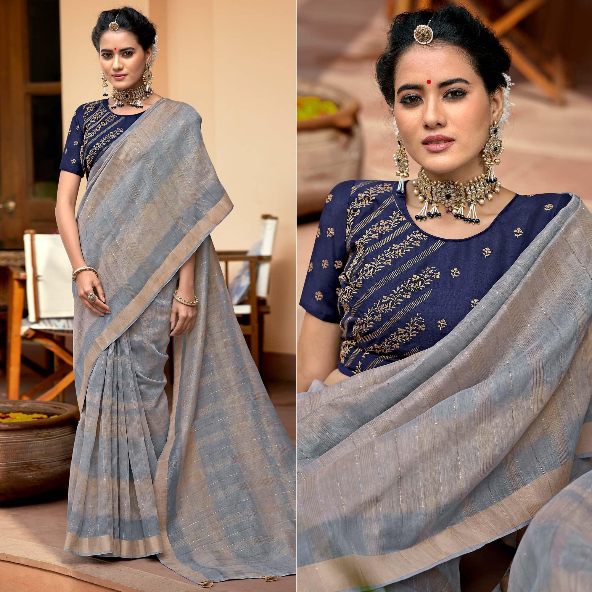 Grey Festive Wear Sequence Work Linen Saree - Peachmode