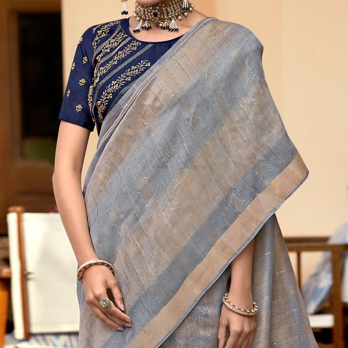 Grey Festive Wear Sequence Work Linen Saree - Peachmode