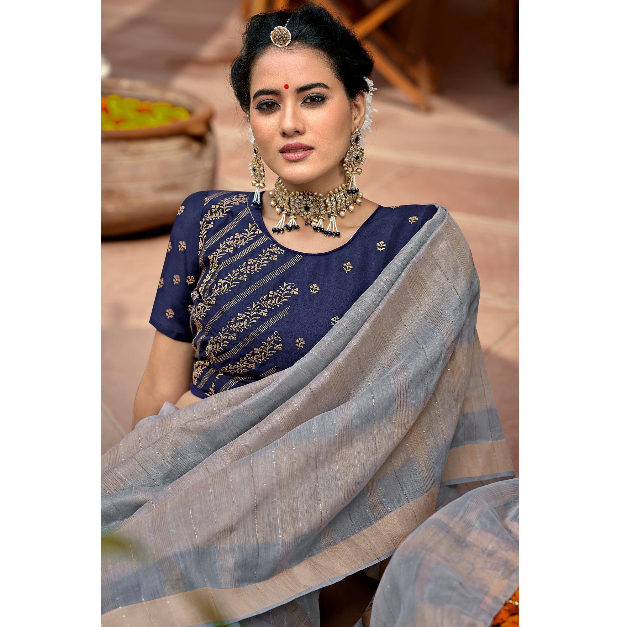 Grey Festive Wear Sequence Work Linen Saree - Peachmode