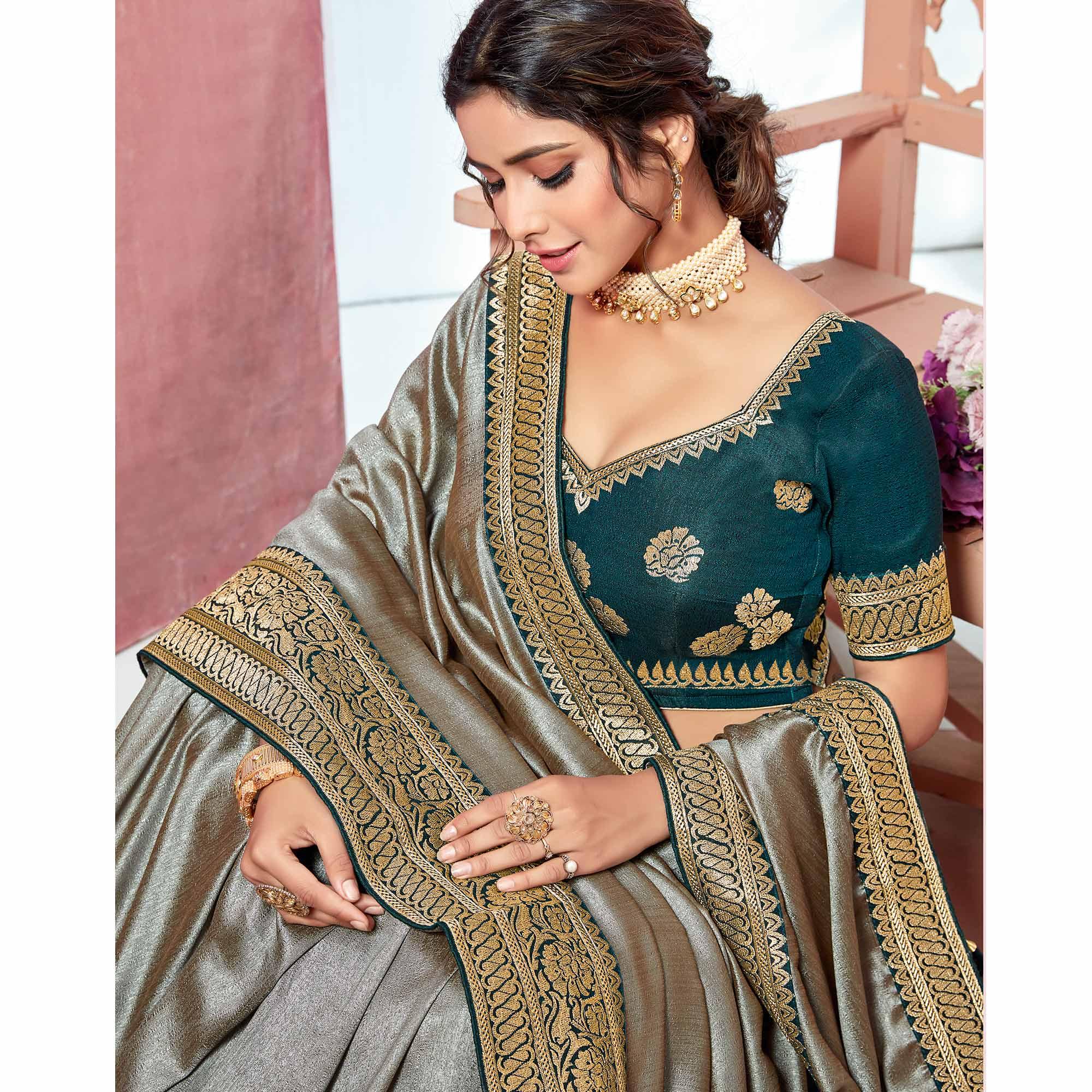 Grey Festive Wear Silk Saree With Embroidered Border - Peachmode