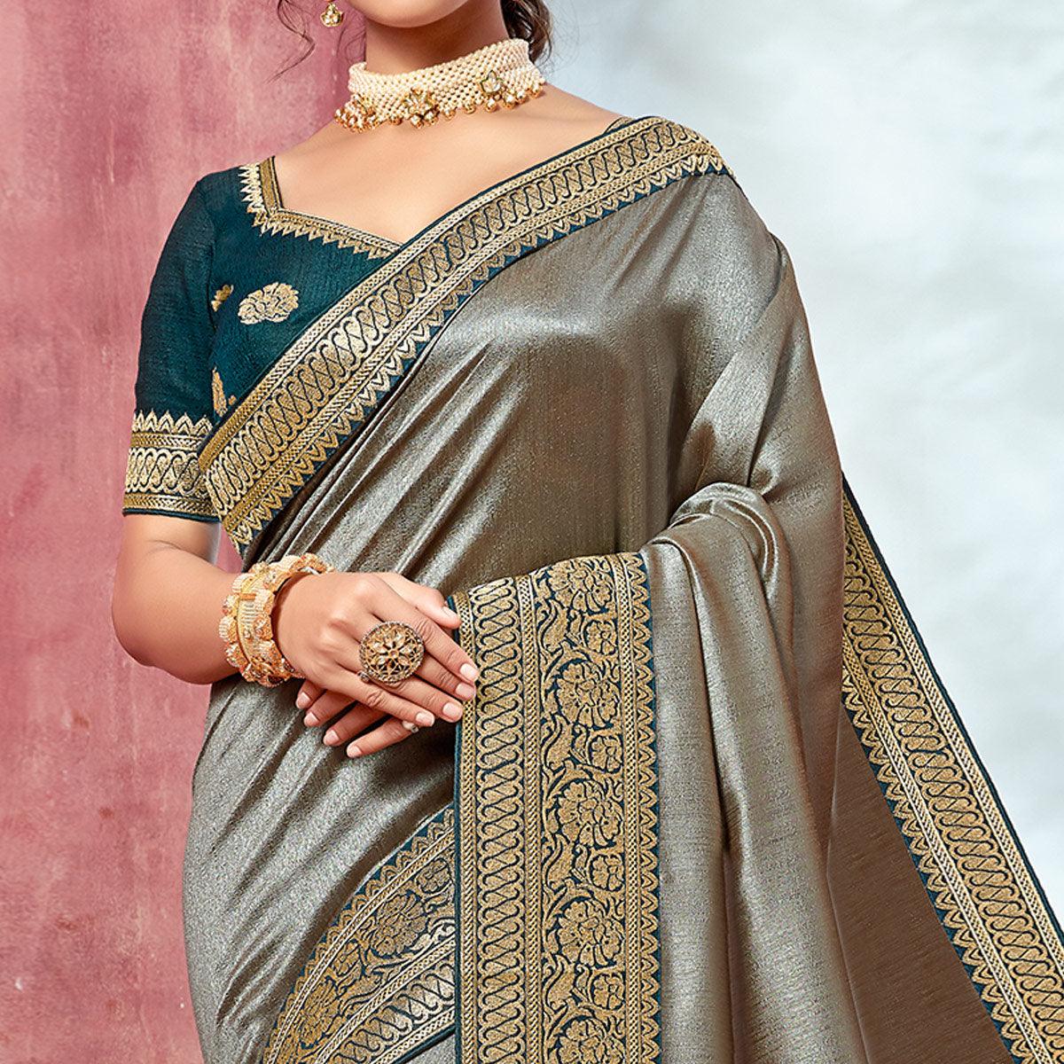 Grey Festive Wear Silk Saree With Embroidered Border - Peachmode