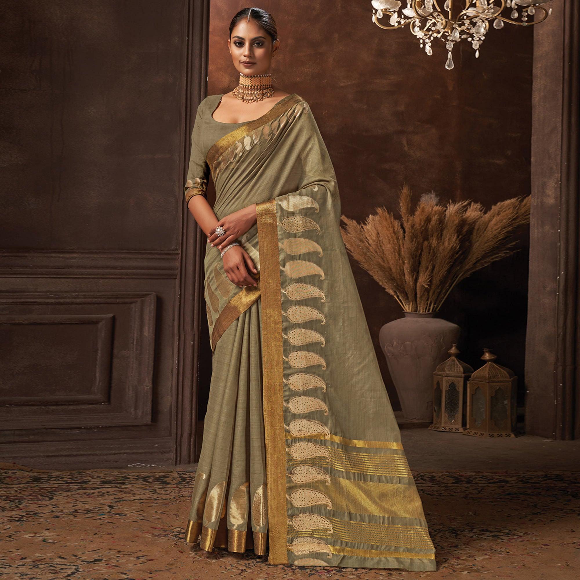 Grey Festive Wear Solid Cotton Saree - Peachmode