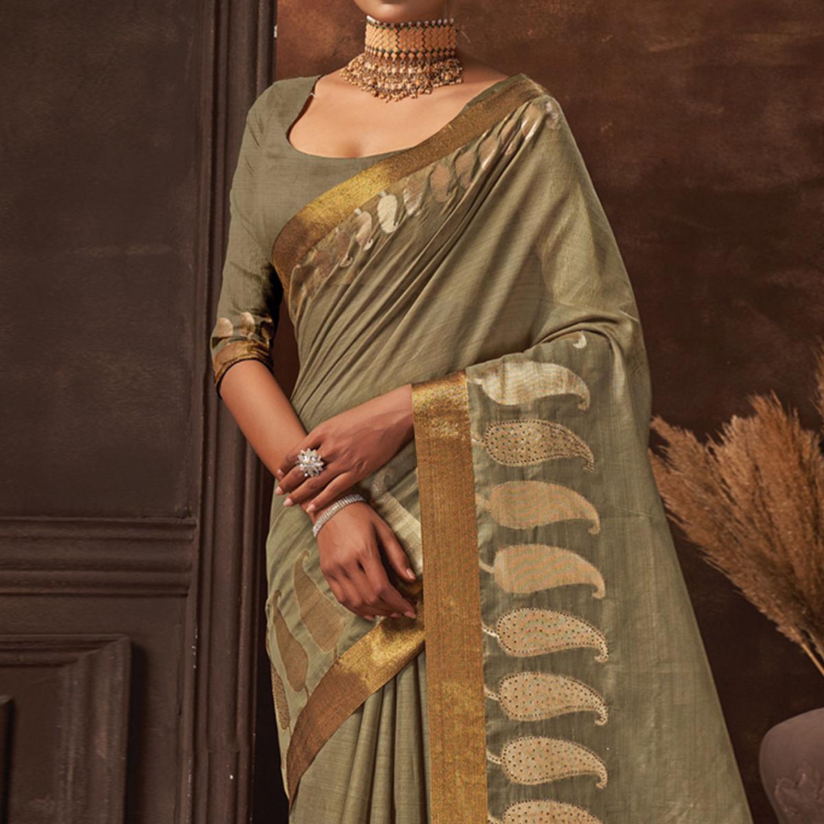 Grey Festive Wear Solid Cotton Saree - Peachmode