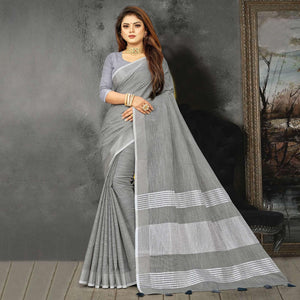 Grey Festive Wear Solid Linen Saree - Peachmode