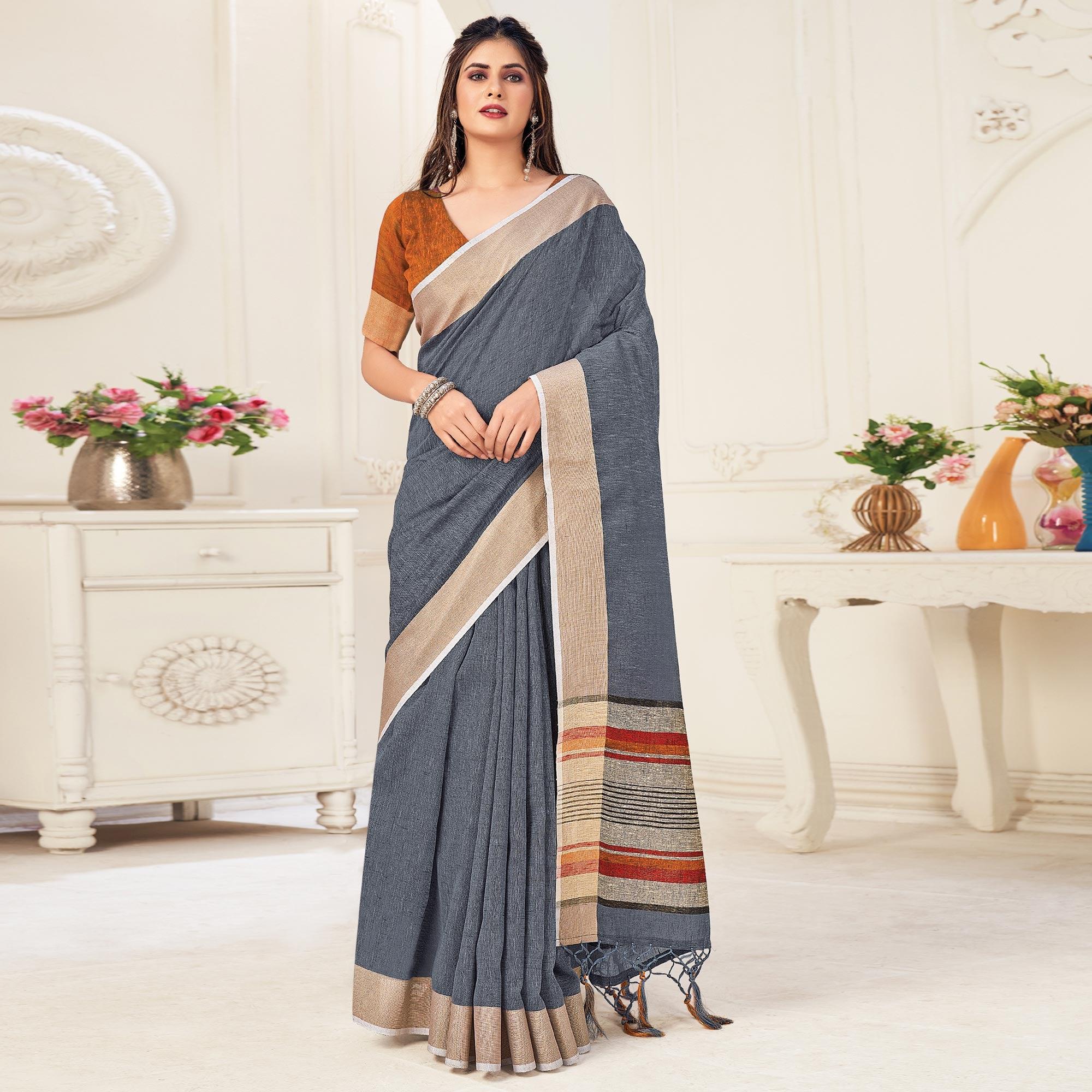 Grey Festive Wear Solid Linen Saree - Peachmode