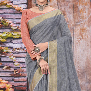 Grey Festive Wear Solid Linen Saree - Peachmode